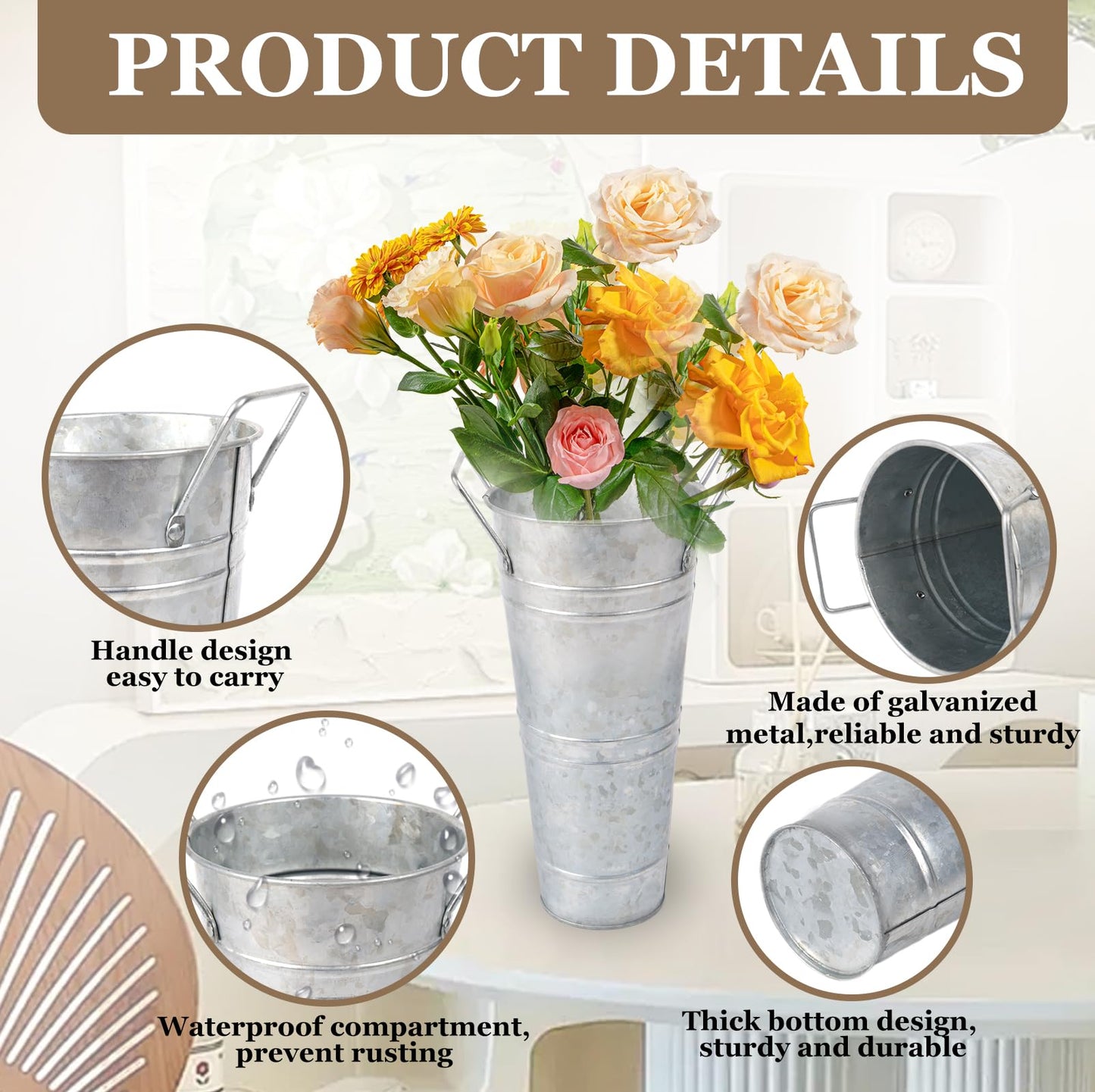 NowDoWin Small Galvanized Flower Bucket 8 Pack–10" Height, 4.33" Top Opening–Tabletop Size for Flower Buckets for Flower Bar Supplies, Bloom Bar Supplies–Metal Floral Buckets with Plastic Liner,Silver