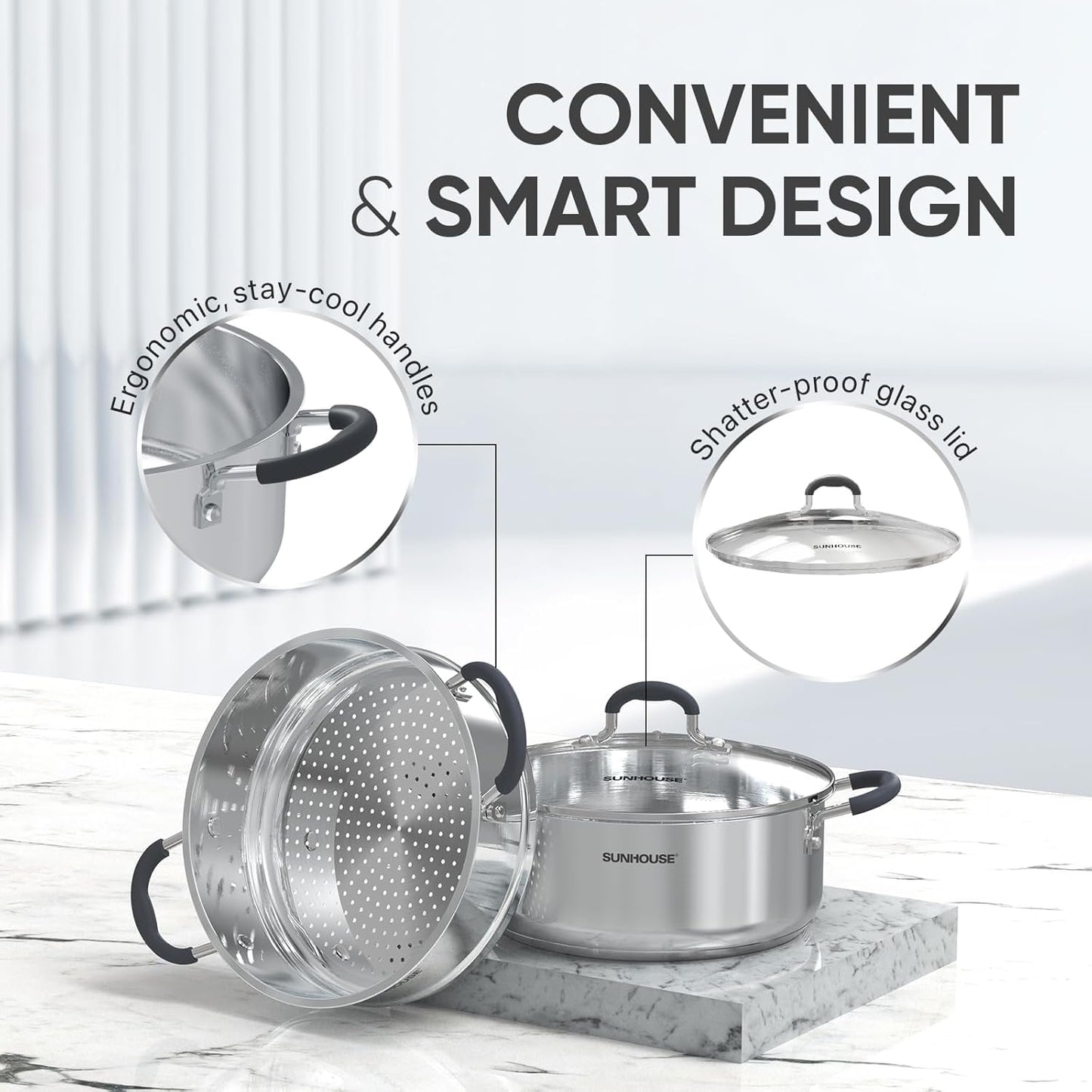 SUNHOUSE Stainless Steel Steamer Pot for Cooking - 5 QT Steaming Pot with Glass Lid & Steamer Basket - 2 Tier Tri-ply Vegetable Steamer with Stay-Cool Silicone Handles - Induction Compatible