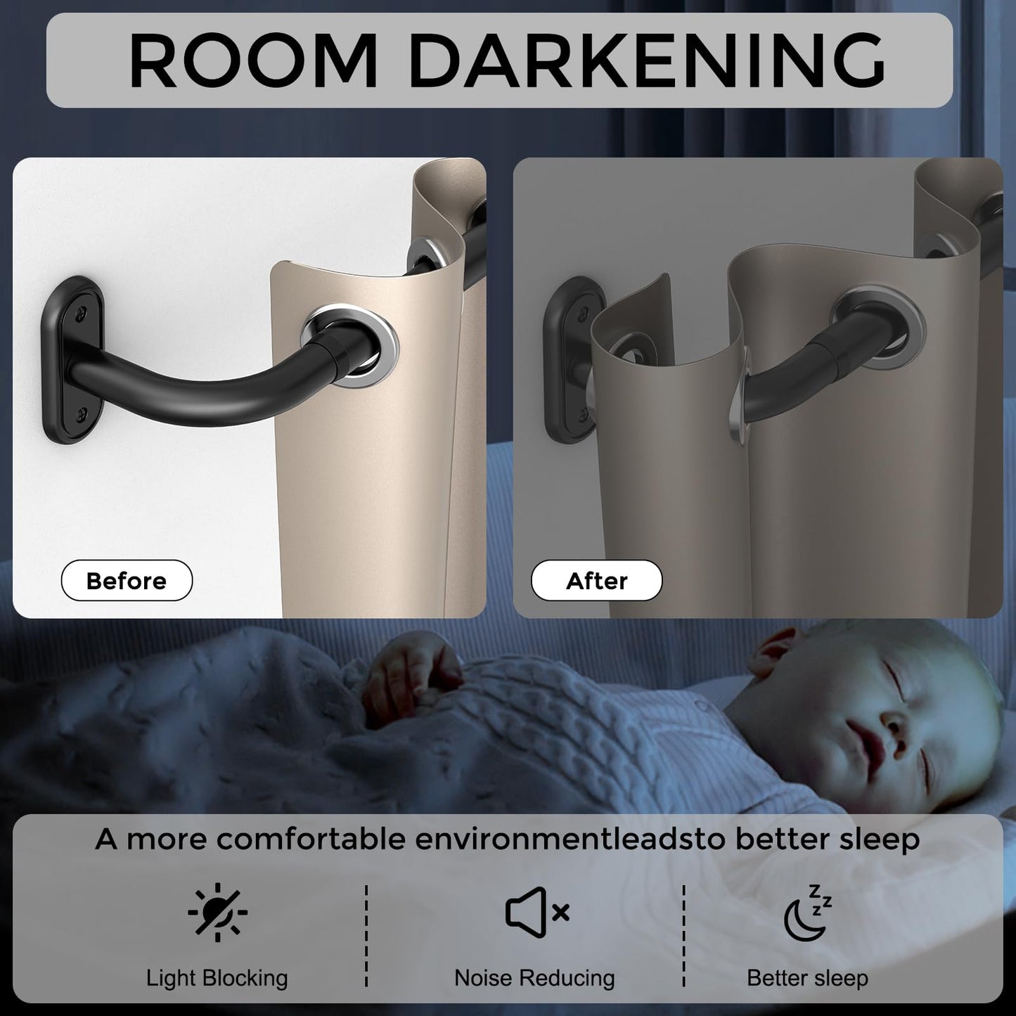 JRZOO 2 Pack Wrap Around Curtain Rods Black, Blackout Heavy Duty Curtain Pole for Windows 48 to 84 Inch, 1" Decorative Room Darkening Curved Modern Drapery Rod (Matte Black/Unique Design/All Metal)