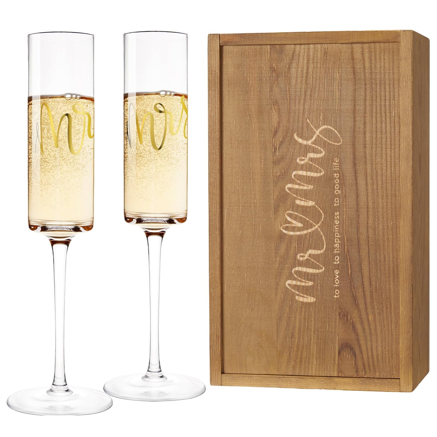 AW BRIDAL Mr and Mrs Champagne Flutes Set of 2, Engagement Gift for Couples and Newlyweds, Bridal Shower Gifts for Bride to Be, Wedding Anniversary Toasting Glasses Set with Wooden Box