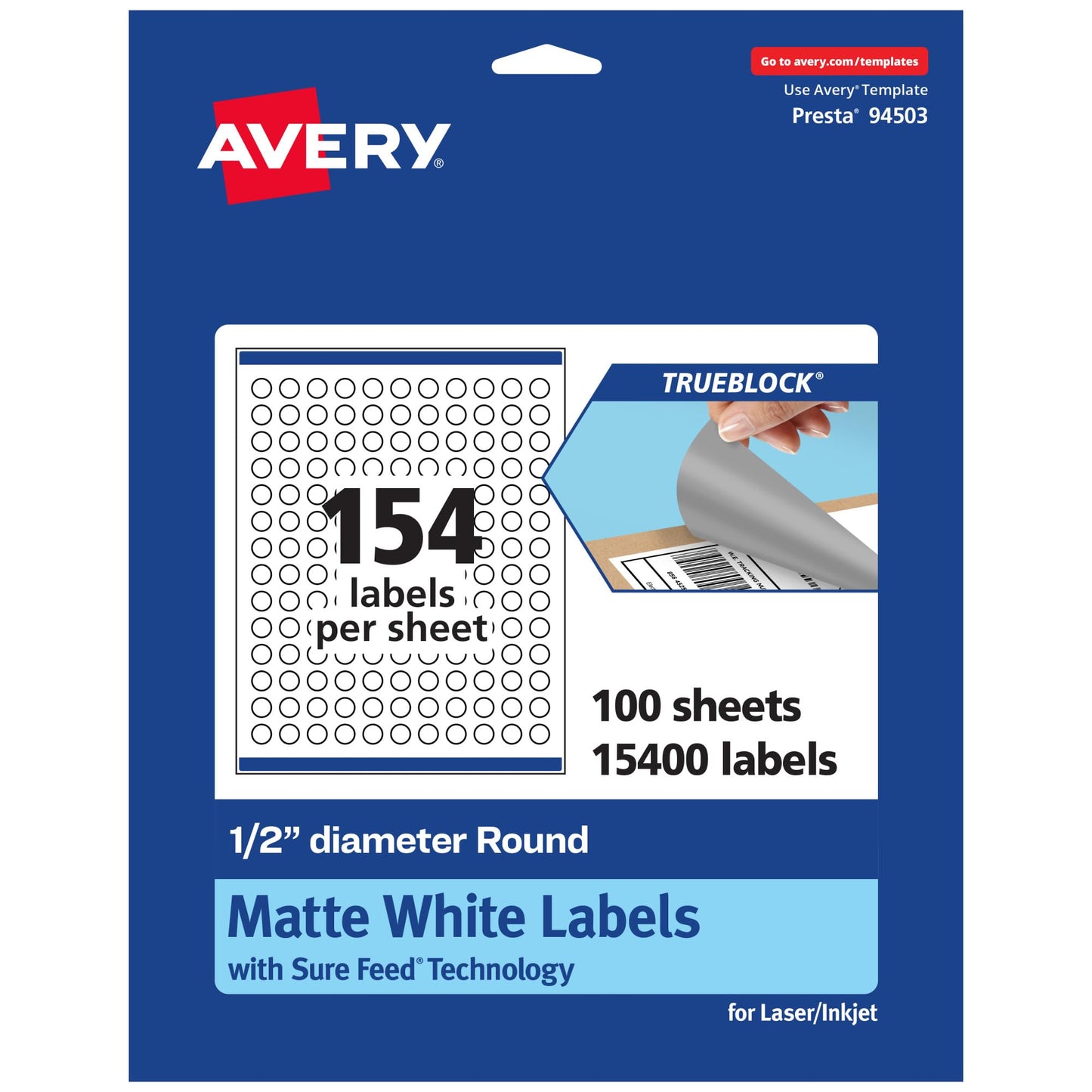 Avery TrueBlock Matte White Round Labels with Sure Feed, 0.5" Diameter, 15,400 Matte White Labels, Print-to-the-Edge, Laser/Inkjet Printable Labels, Great for Product Labels and Price Stickers
