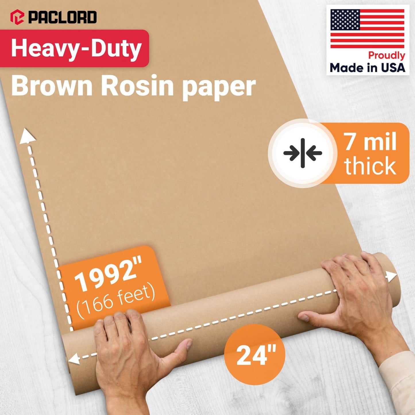Floor Protection Paper 24" x 166 ft - USA-Made Brown Rosin Paper Roll, 7 Mil Heavy-Duty Builders Paper for Painting, Construction, Hardwood Floor Cover - Protection from Paint, Dust, Foot Traffic