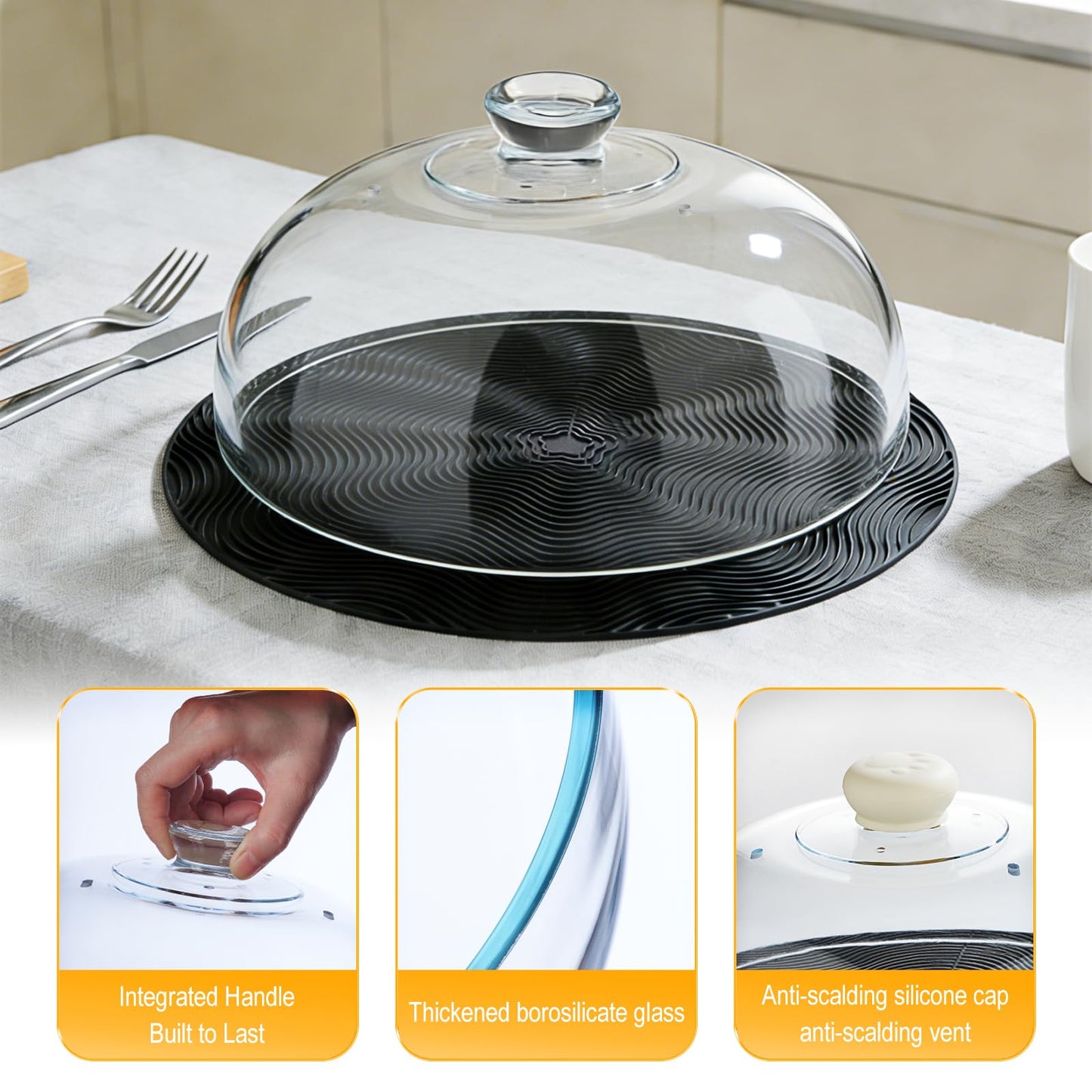 WENWELL Glass Microwave Splatter Cover with Silicone Mat, 10Inch Plate Splatter Food Lid with Integrated Grip Handle and Vent Hole, BPA Free, Dishwasher Safe