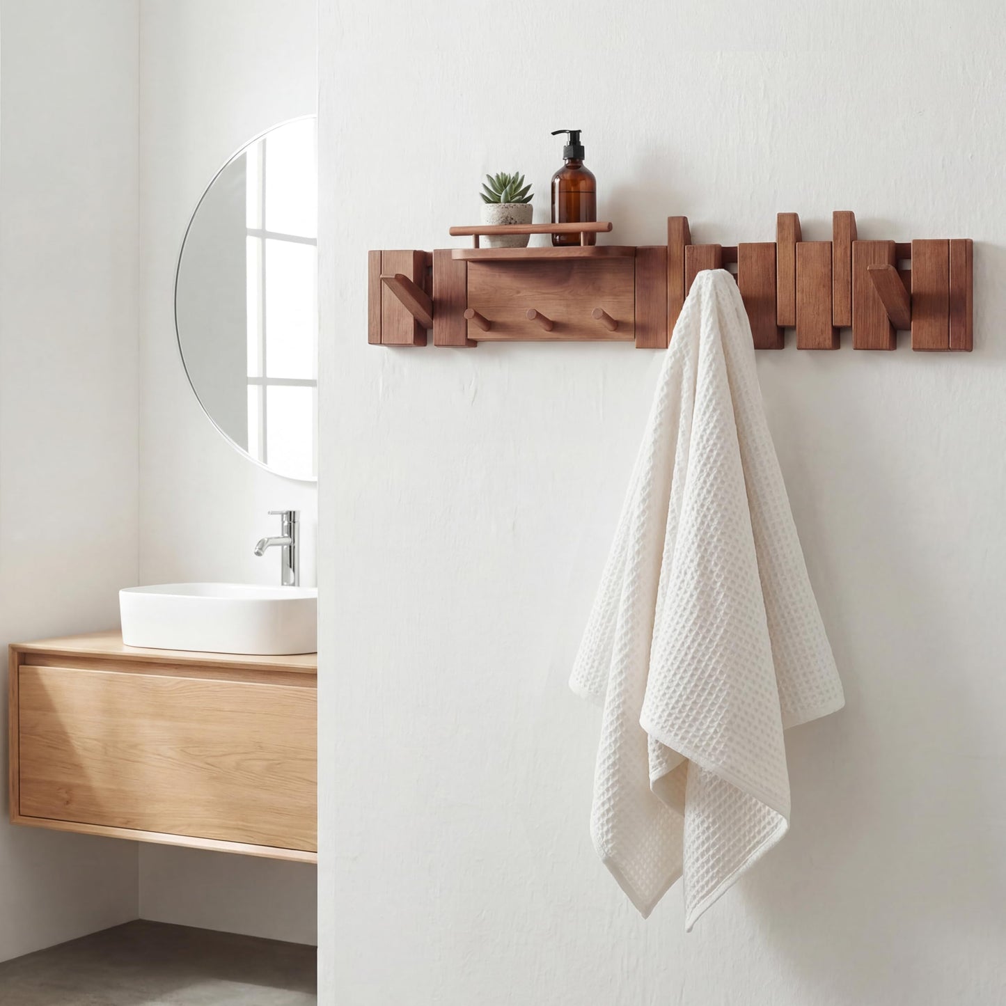 EasTeebw Mid Century Modern Walnut Foldable Entryway Wall Coat Hanger Hook with Shelf,Heavy Duty Wooden Piano Hidden Towel Hooks for Bathroom,Wall Rack for Purse&Key&Mail,Home Decor (Walnut, 9 Hooks)