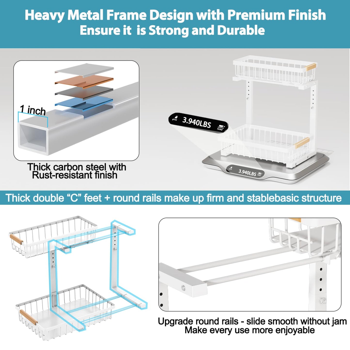 Liuoud Under Sink Organizer 2 Pack, 2 Tier Slide Out Large Capacity Height Adjustable Under Sink Organizers and Storage for Kitchen Bathroom Cabinet, White