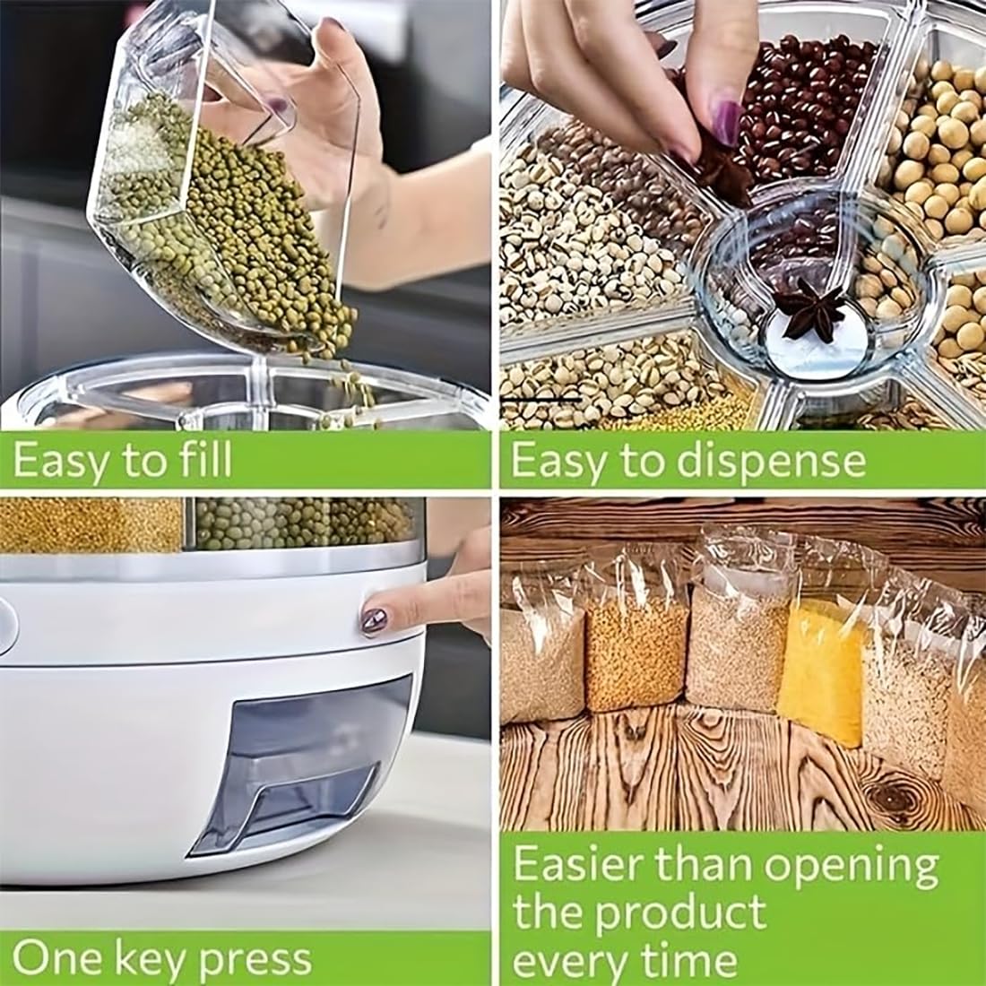 Wnnideo Rotating Grain Storage Bin 6 Grids Rice Container One-Click Output Large Capacity Food Dispenser For Rice Grains Sealed Moisture Proof Organizer (Large)