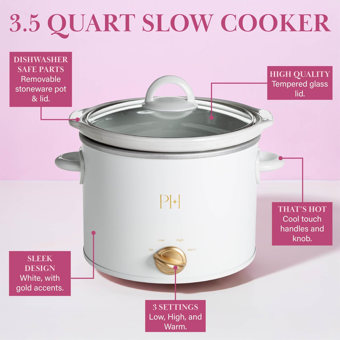 Paris Hilton 3.5-Quart Manual Slow Cooker, Naturally Nonstick Stoneware Ceramic Insert, Three Settings (Low, High, Warm), Dishwasher Safe Family Size Slow Cooker, White
