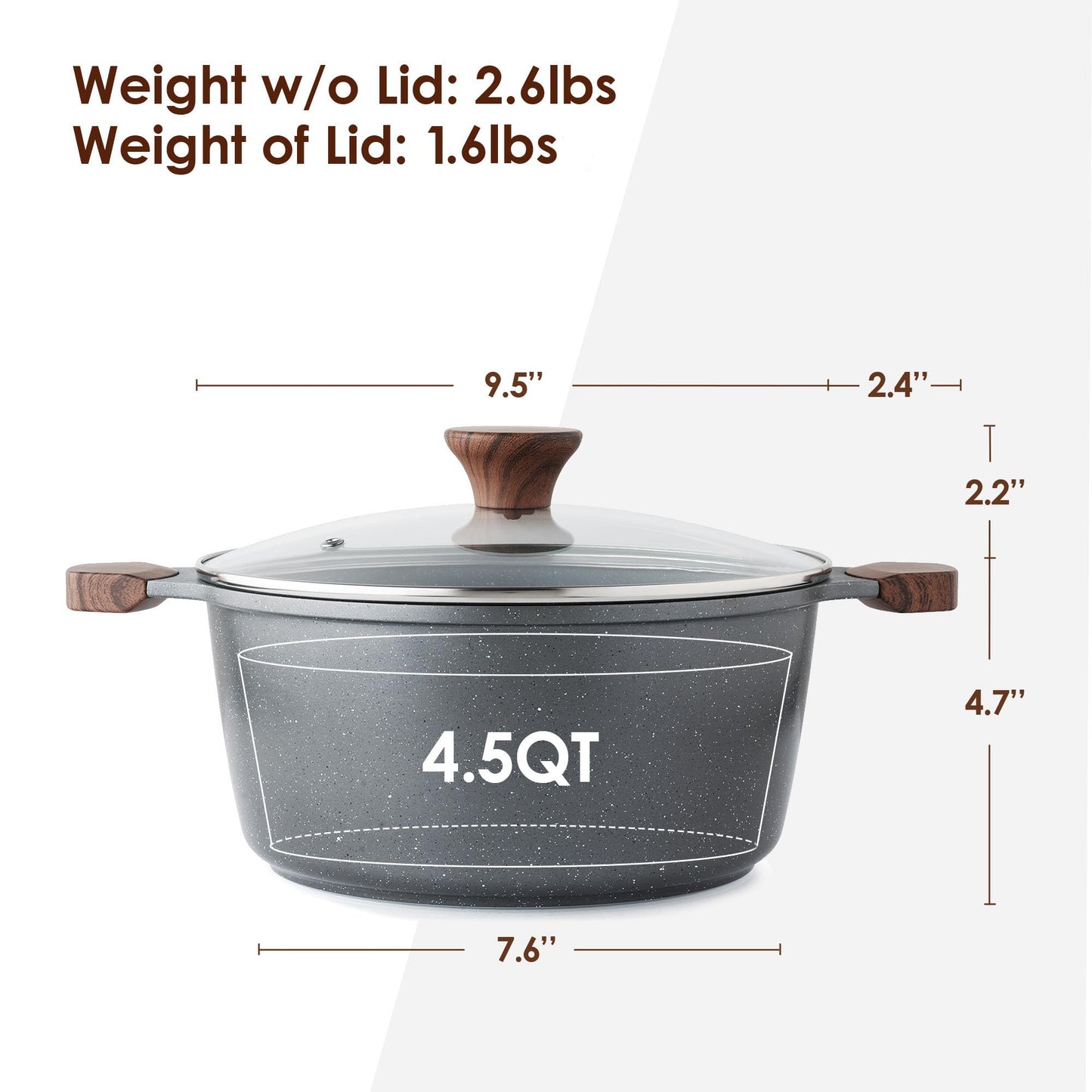 SENSARTE Nonstick Stock Pot with Lid, 4.5 Quart Induction Cooking Pot with Tempered Glass Lid, Stew Pot with Swiss Nonstick Granite Coating, PFOA PFOS APEO Free, Gray