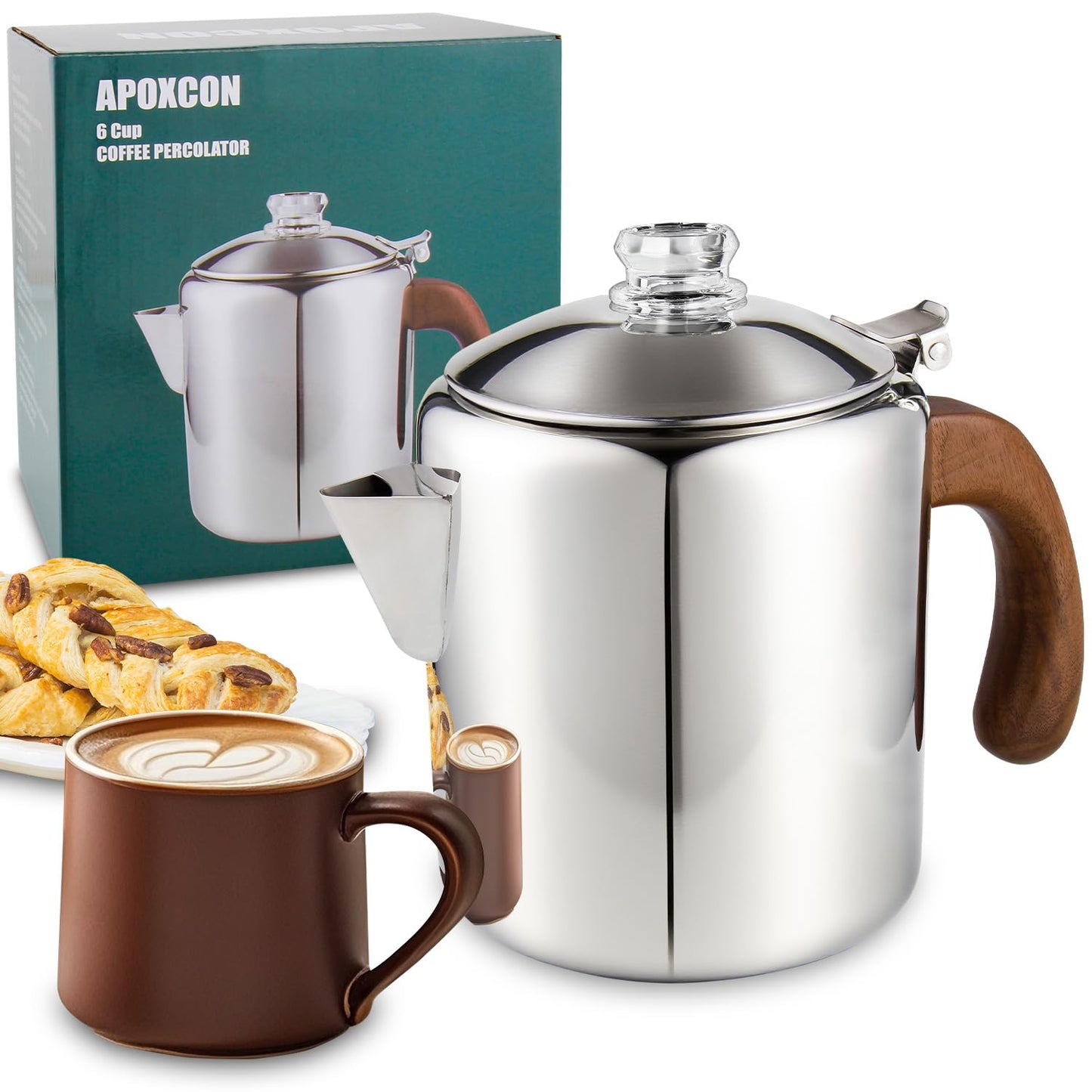 APOXCON Coffee Percolator Stainless Steel Coffee Maker with Fireproof Solid Wood Handle & Tough Glass Clear Brew Progress Knob Camping Coffee Pot Using on any Stovetop NO Aluminum NO Plastic (6 Cup)