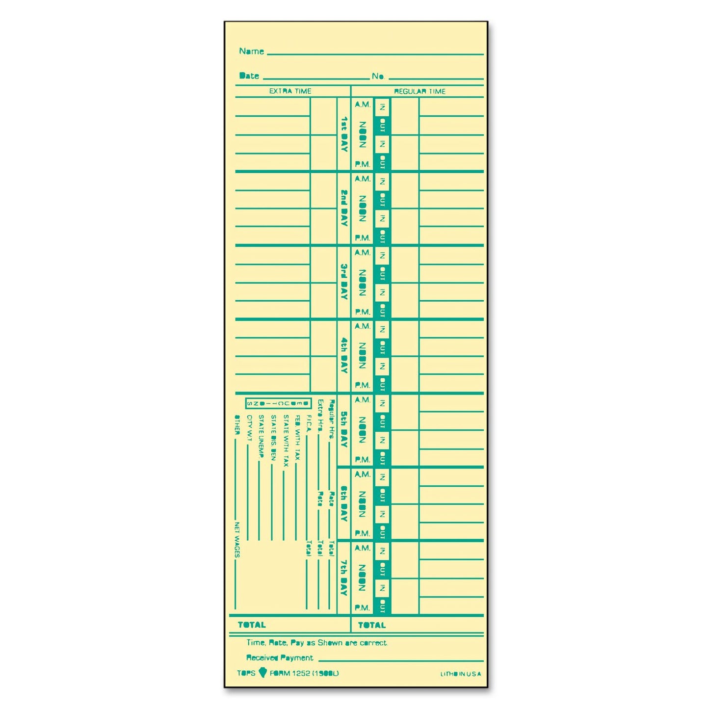 Tops Time Cards , Weekly, 1-Sided, Numbered Days, 3-1/2" x 9", Manila, Green Print, 500-Count (1252)