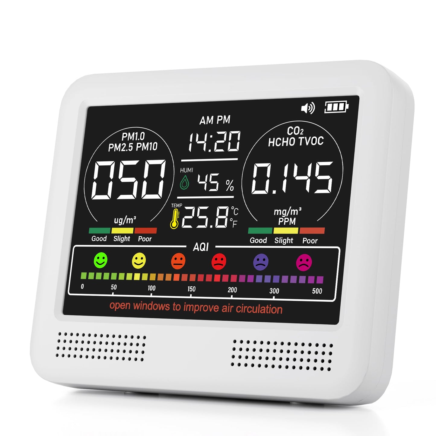 16-in-1 Indoor Air Quality Monitor with PM1.0,PM2.5,PM10,CO2,HCHO,TVOC,Temperature,Humidity,Time Display &7 AQI Alarms – Professional Air Quality Tester for Home, Office & Indoor Use (Creamy White)