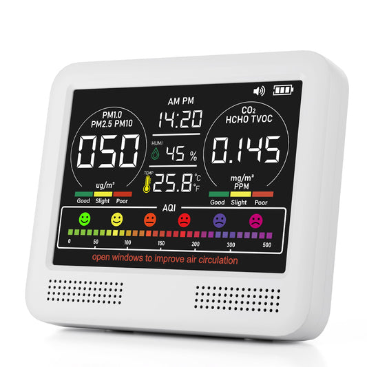 16-in-1 Indoor Air Quality Monitor with PM1.0,PM2.5,PM10,CO2,HCHO,TVOC,Temperature,Humidity,Time Display &7 AQI Alarms – Professional Air Quality Tester for Home, Office & Indoor Use (Creamy White)