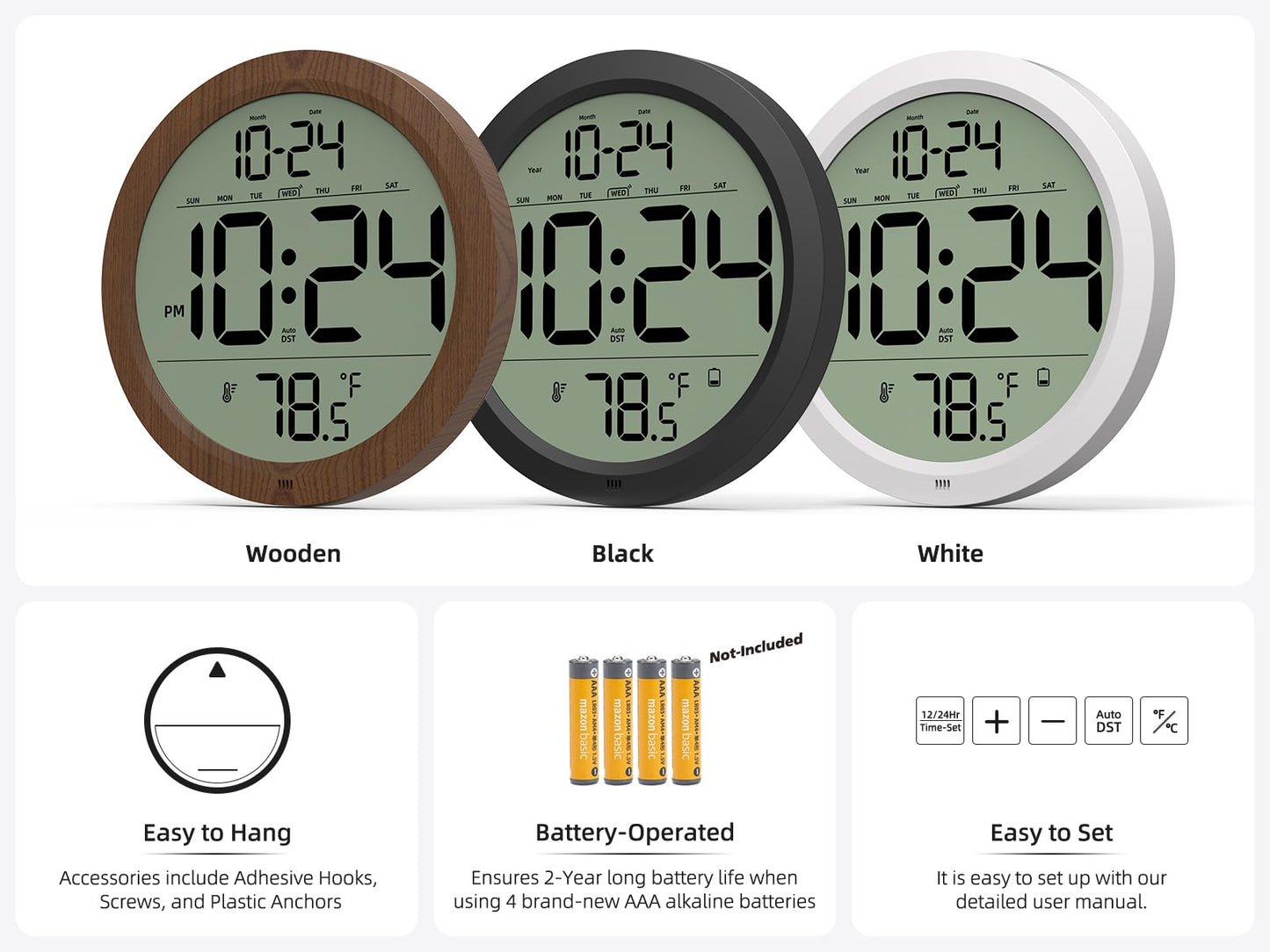 Digital Wall Clock Battery-Operated, 8 Inch Small Decorative Modern Wall Clock with Date, Temperature, Auto-DST, Silent Electric Wall Clock for Bedroom, Living Room, Kitchen, Office, Farmhouse -Black
