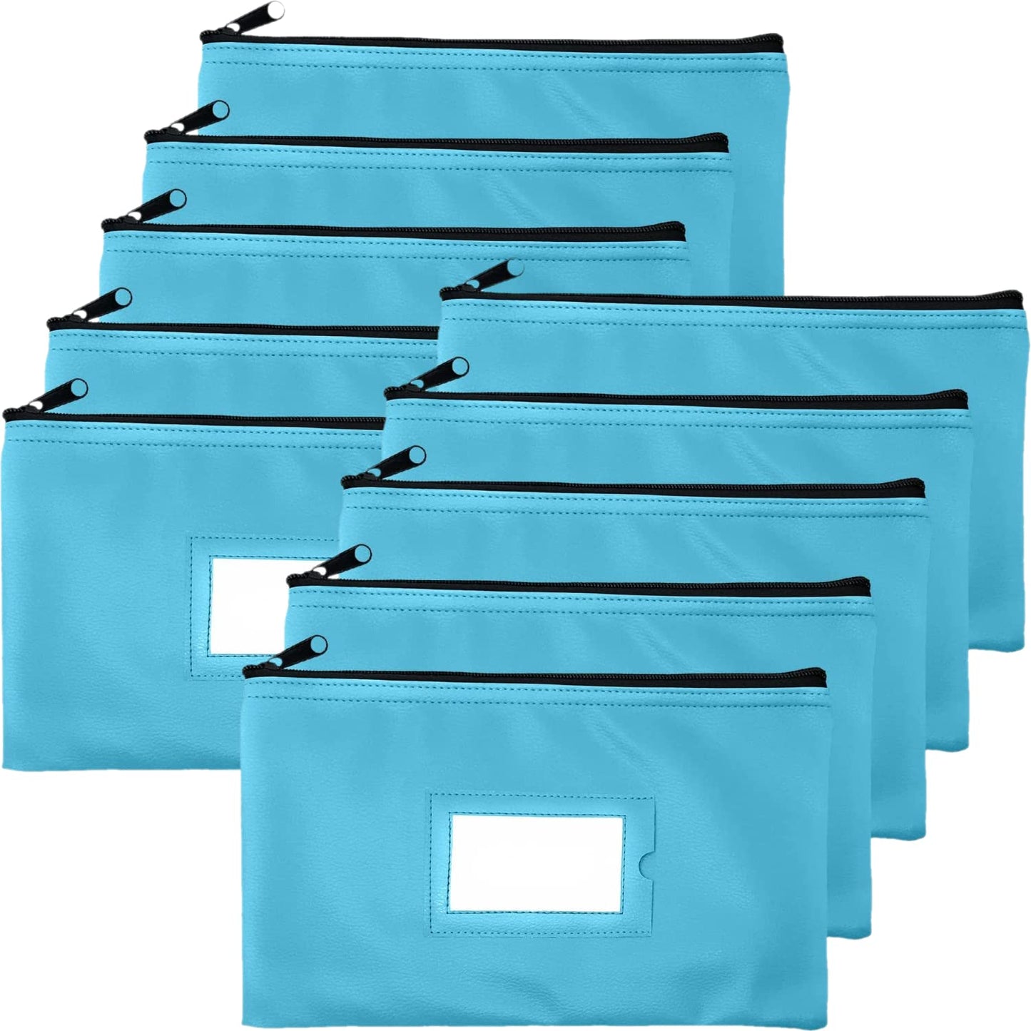 Money Bank Deposit Bag with Zipper | 11x6 inch | Light Blue | Durable Leatherette Money Cash Coin Check Wallet Pouch for Men & Women with Framed ID Window and Blank Card | by GIDABRAND (10)