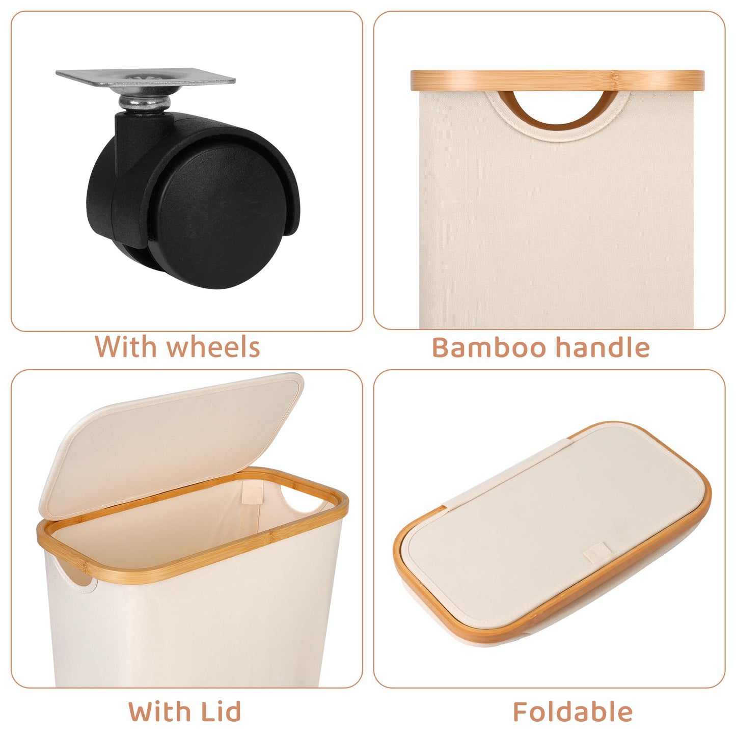 Merkisa Slim Laundry Basket with Wheels,Narrow Hampers for Laundry,Freestanding Laundry Hamper with Lid&Bamboo Handles,Collapsible & Waterproof Tall Cloth Hamper for Dorm Family(60L Beige)