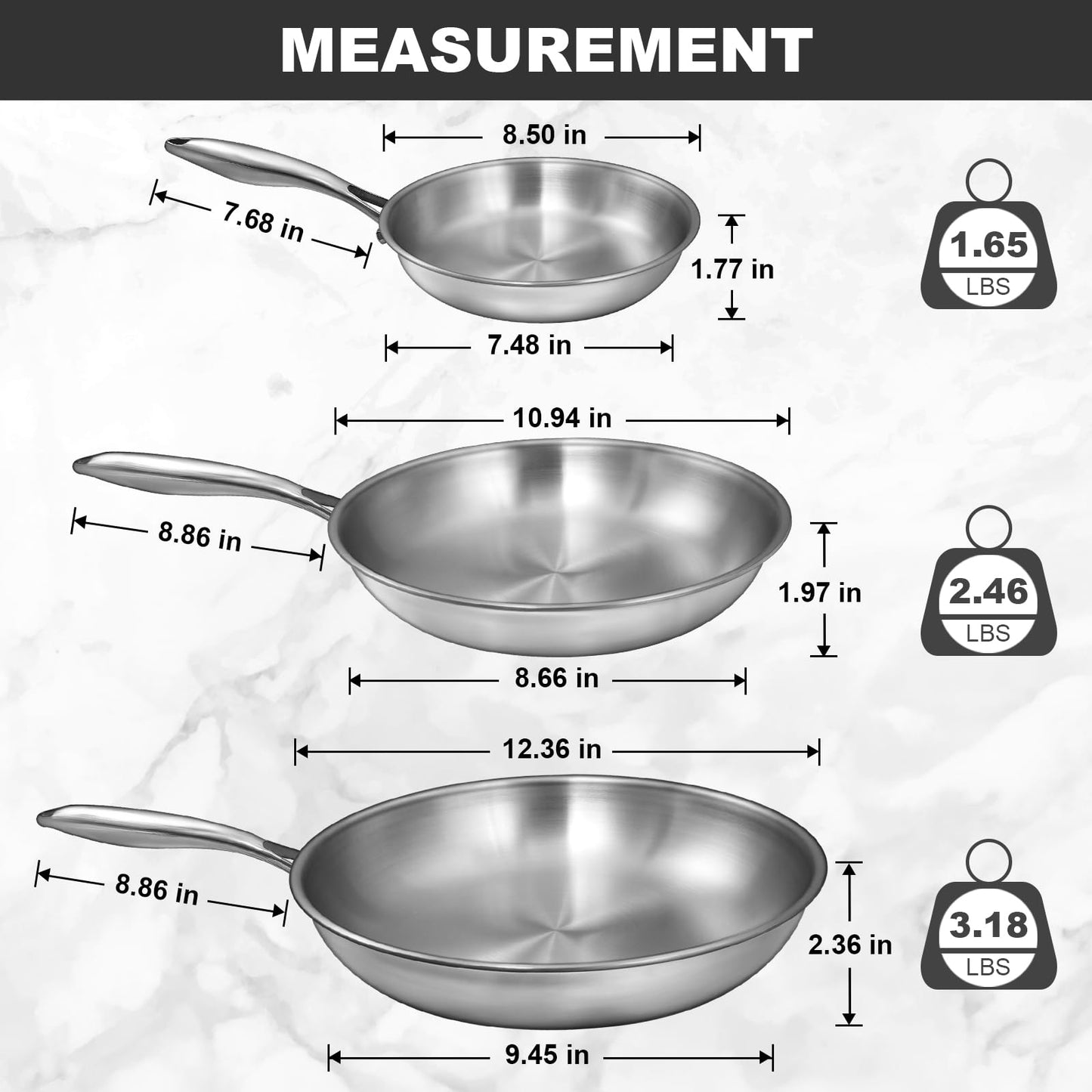 EWFEN Tri-Ply Stainless Steel Frying Pans Set, 8”/10”/12” Cooking pans, PFOA&PTFE Free Skillet, Induction Cooking Pan, Dishwasher and Oven Safe, Fast & Even Heat, Heavy Duty and Detachable Handle