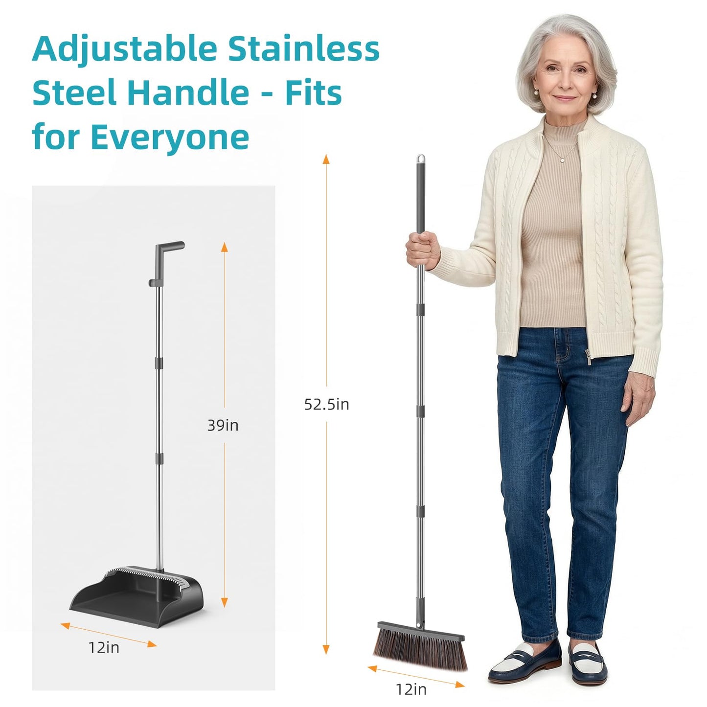 MOPALL Broom with Dustpan Combo Set with 52.5" Extra Long Handle, Self-Cleaning Dustpan Teeth for Dog Cat Pets Hair, 180° Swivel Brooms Head for Sweeping Indoor, Includes 2 Broom Heads