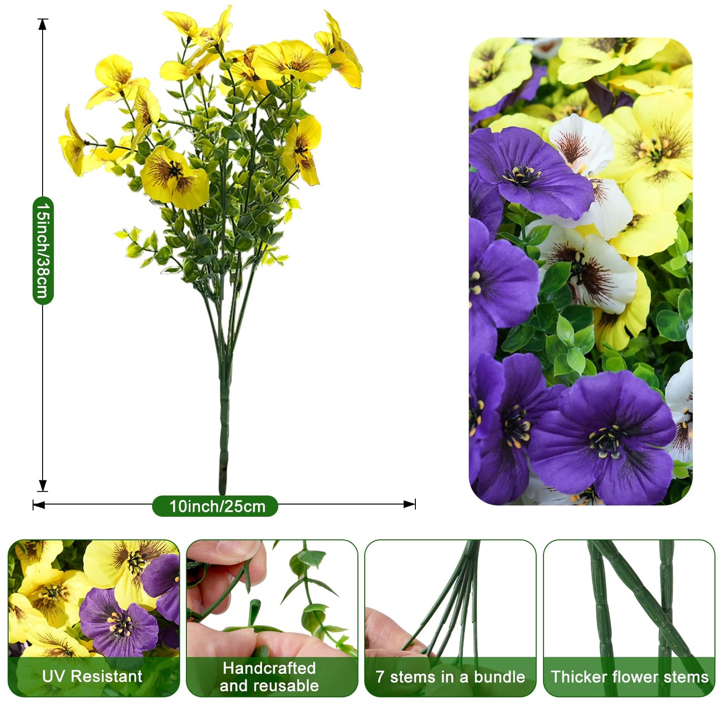 Fanfantoey Artificial Flowers for Outdoors,UV Resistant Fake Flowers Silk Pansy for Outside Porch Yard Patio Home Decor