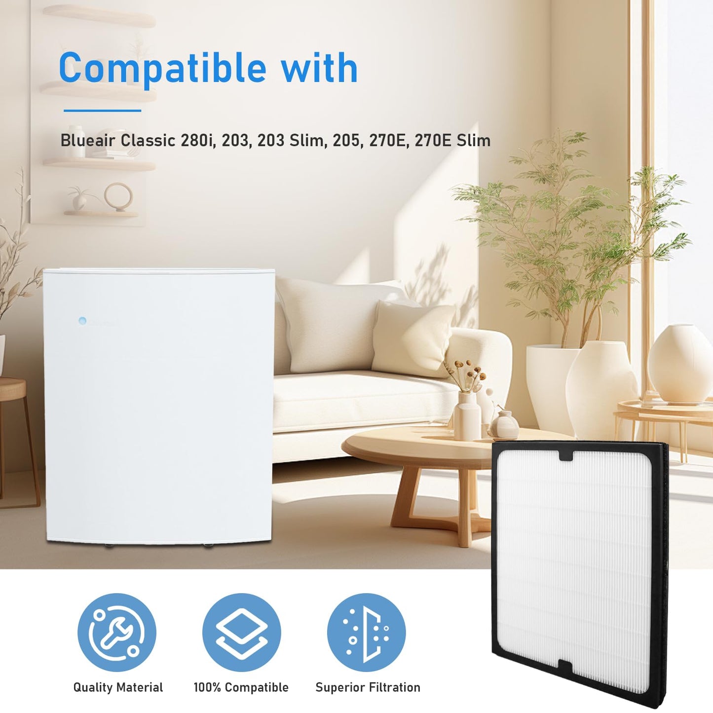 NXBHG 2 Pack Classic 200 Series Particle Filter Compatible with Blueair Classic 280i, 203, 203 Slim, 205, 270E, 270E Slim Air Puri-Fier, Filter and Combination Particle Carbon Replacement Filter