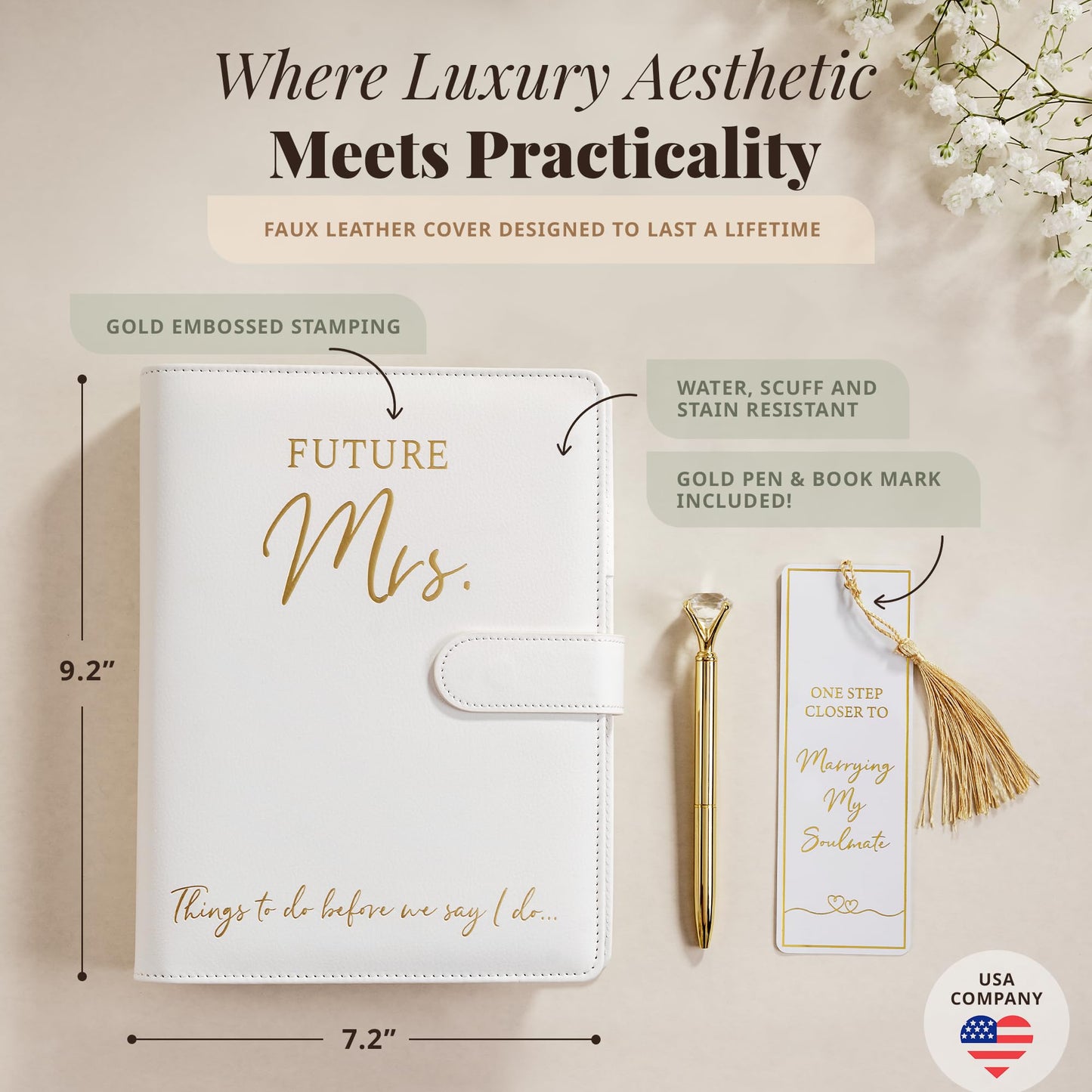Wedding Planner Book and Organizer - Faux Leather 'Future Mrs' Wedding Planning Book and Organizer I Wedding Binder with Pen & Bookmark. Includes Bridal Countdown Calendar I Designed in USA
