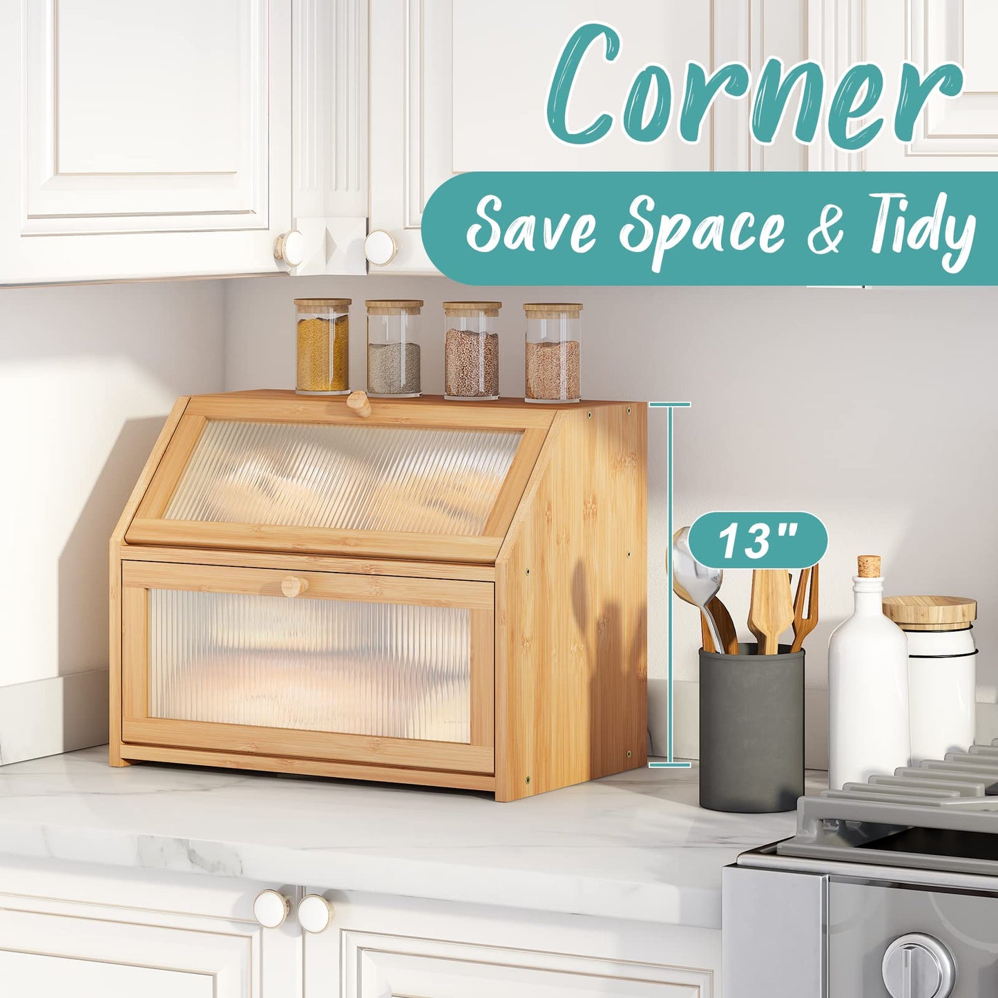 Vriccc Bread Box for Kitchen Counter, Large Bamboo Wood Double Layer Bread Box, Wooden Bread Storage Capacity