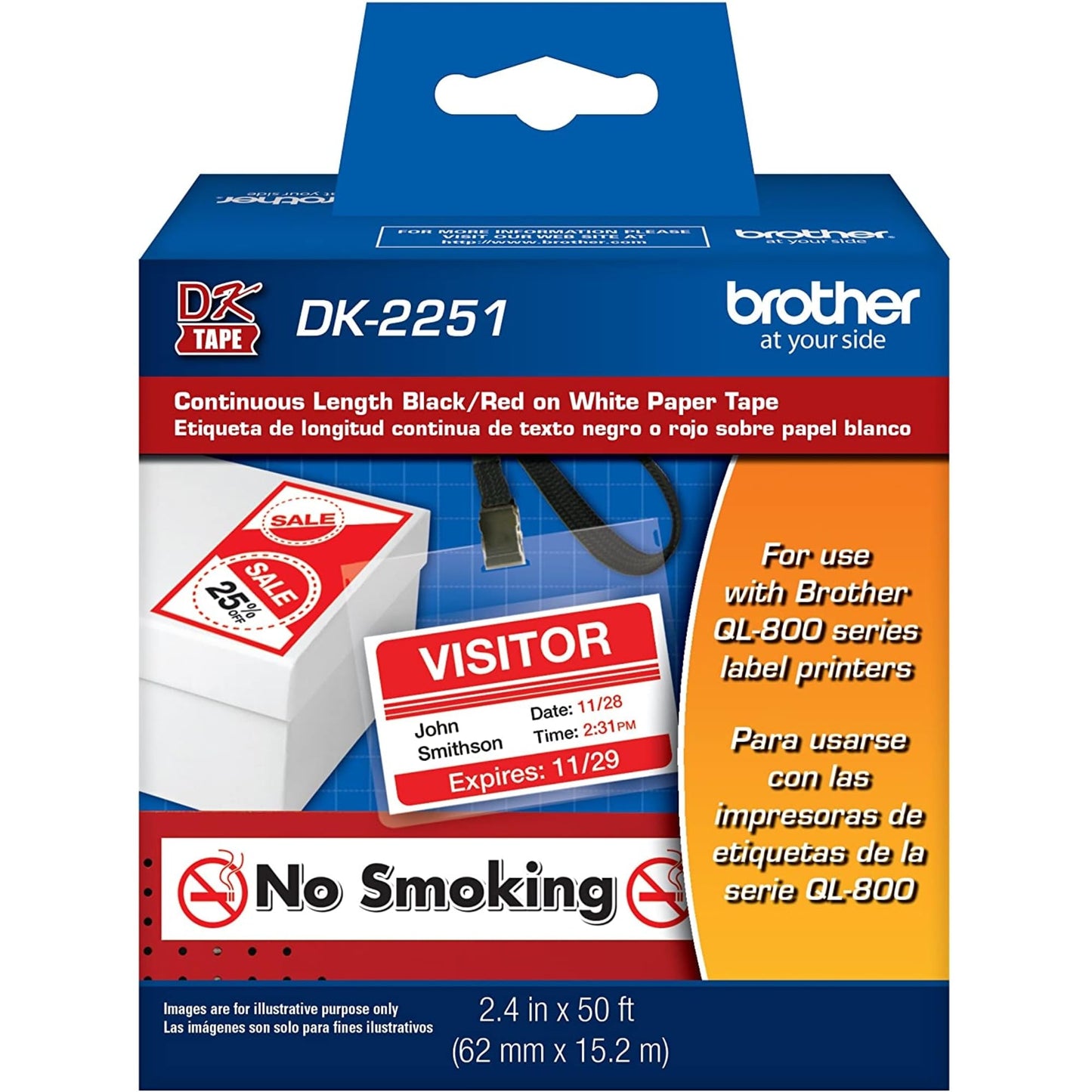 Brother Genuine DK-2251 Continuous Length Replacement Labels, Black/Red Label on White Paper Tape, Engineered with Excellence, 2.4” x 50 feet, 1 Roll per Box