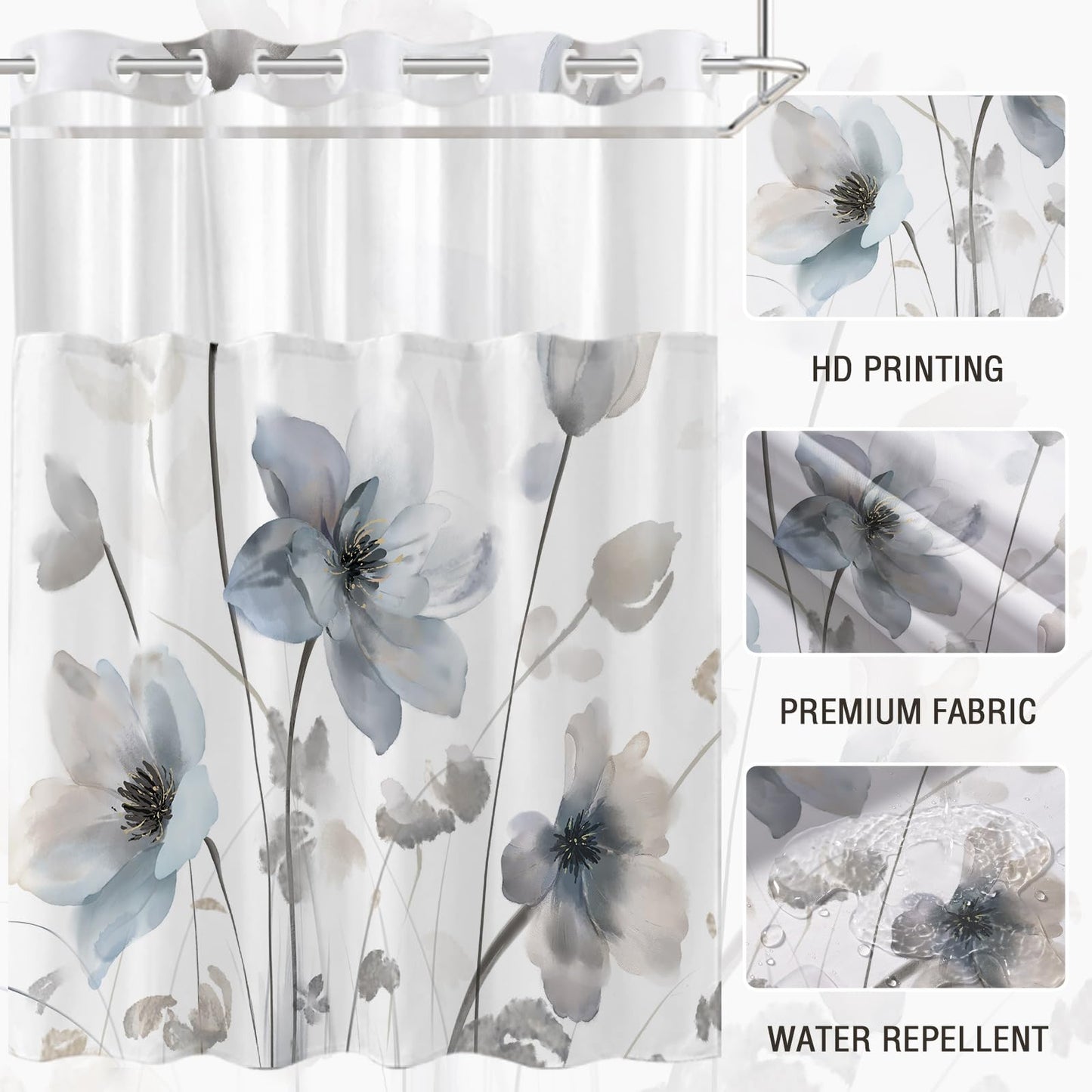 CTOTSYC No Hook Shower Curtain and Liner Set, Blue and Grey Boho Floral Shower Curtains for Bathroom, Watercolor Flower Waterproof Bathroom Curtain Sets with Snap in Liner, 71x74 Inch