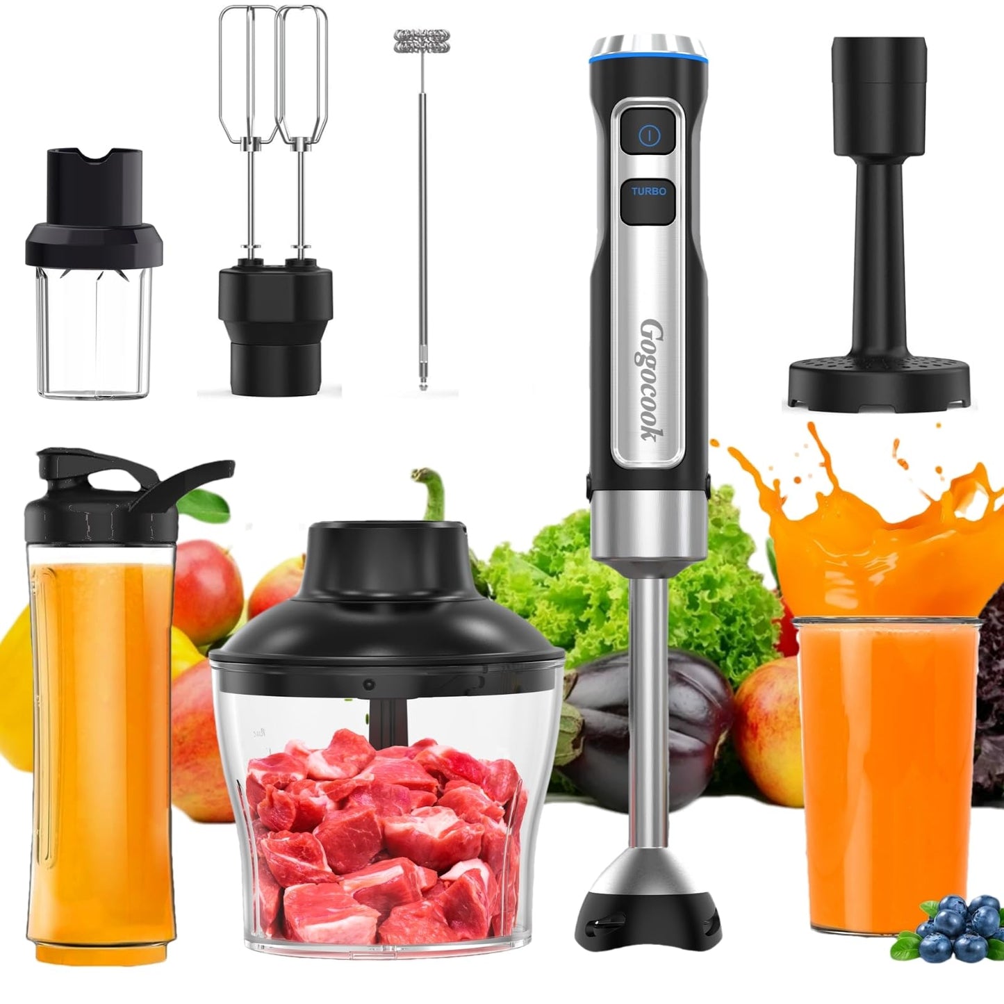 Immersion Blender Handheld 8 in 1 Hand Blender, Electric Blender Max 1000W Immersion Blender with 21 Speed & Turbo Mode, 21 Speed & Turbo Mode, Beaker Chopper Milk Frother Frother Grinder