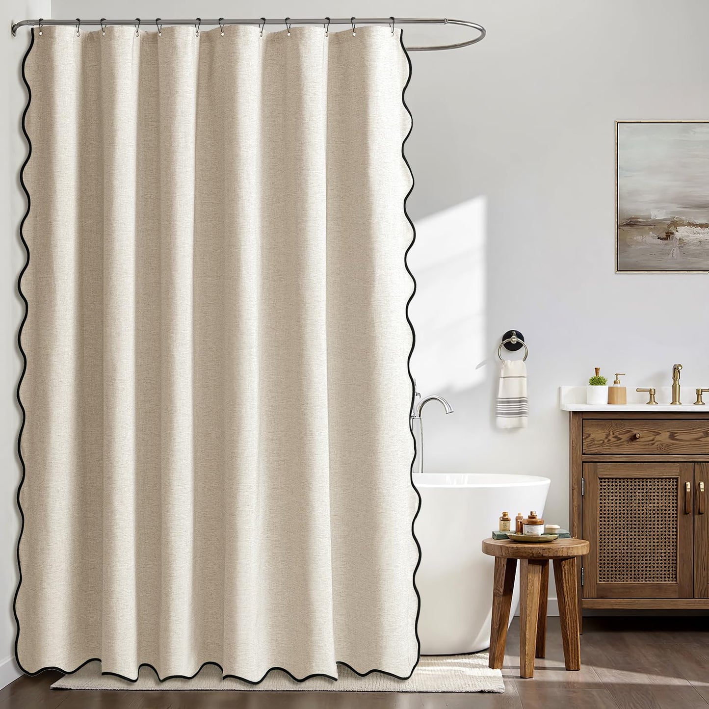MIULEE 84" Long Scalloped Shower Curtain Linen Textured with 12 Metal Hooks Cute Extra Long Heavy Duty Washable Waterproof Cloth Shower Curtains with Black Border for Bathroom Bathtub,Cream Beige