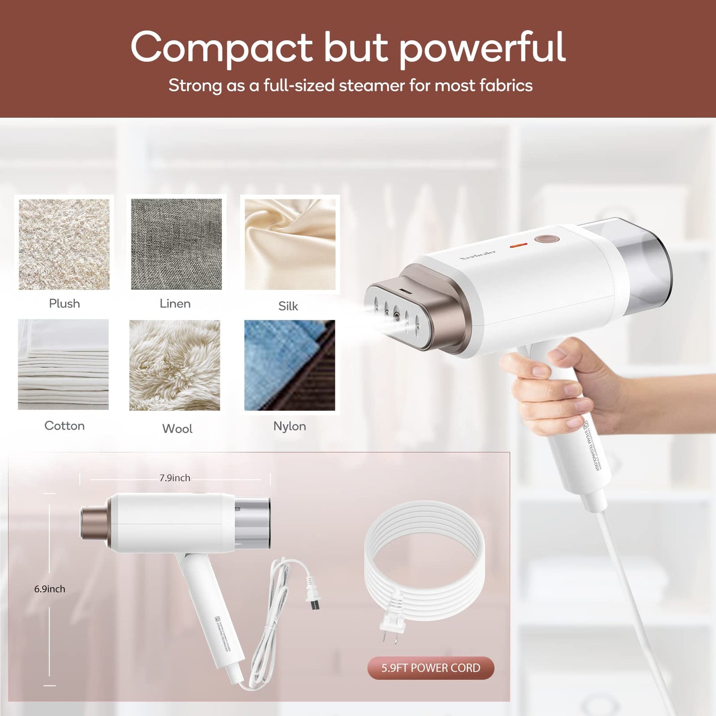 Newbealer Steamer for Clothes, 1200W Travel Steamer with Horizontal & Vertical Steaming, 2 Steam Levels, Dry Ironing, Foldable, 1.5lbs Lightly, 180ml Handheld Fabric Wrinkle Remover (120V Only)