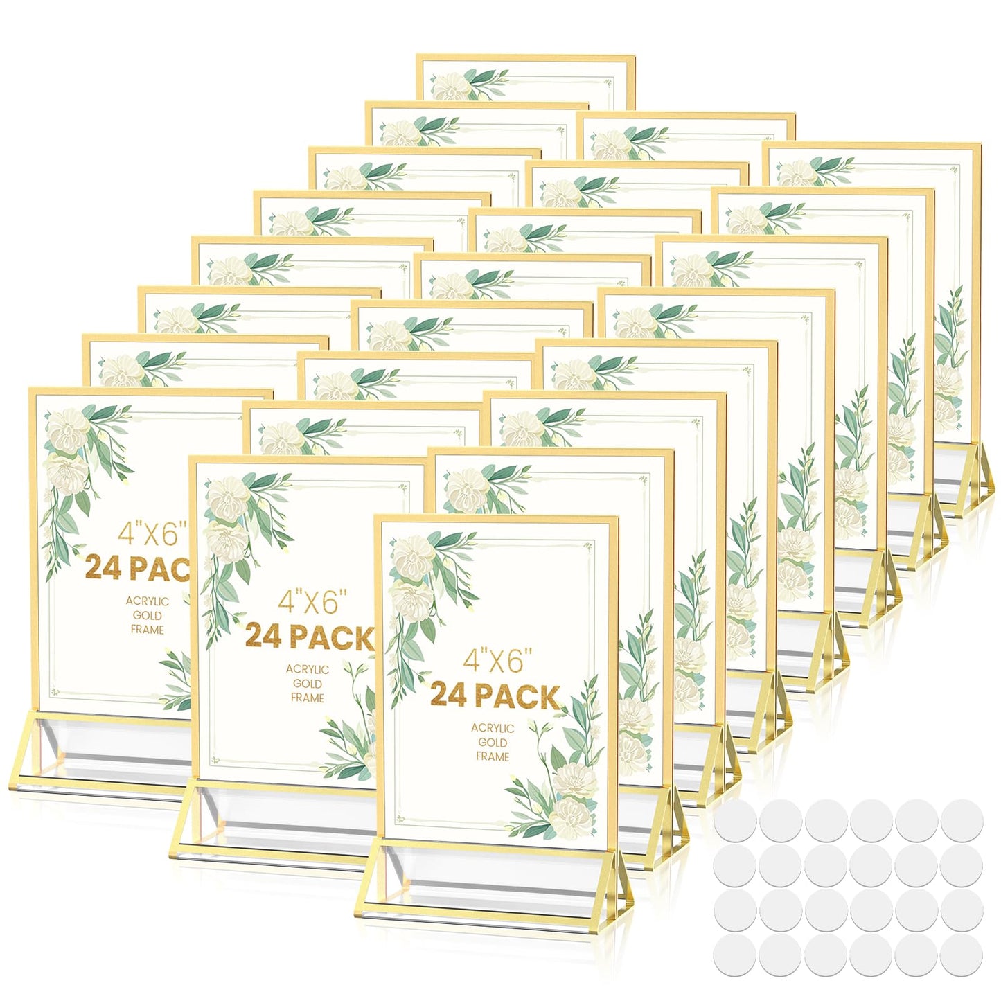 YOAEAILY Gold Frames 5X7 Acrylic Sign Holder Double-Sided Acrylic Picture Frames Display Stand for Flyer Holder Menu Holder Wedding Table Number with Removable Sticky Dots-24 Pack