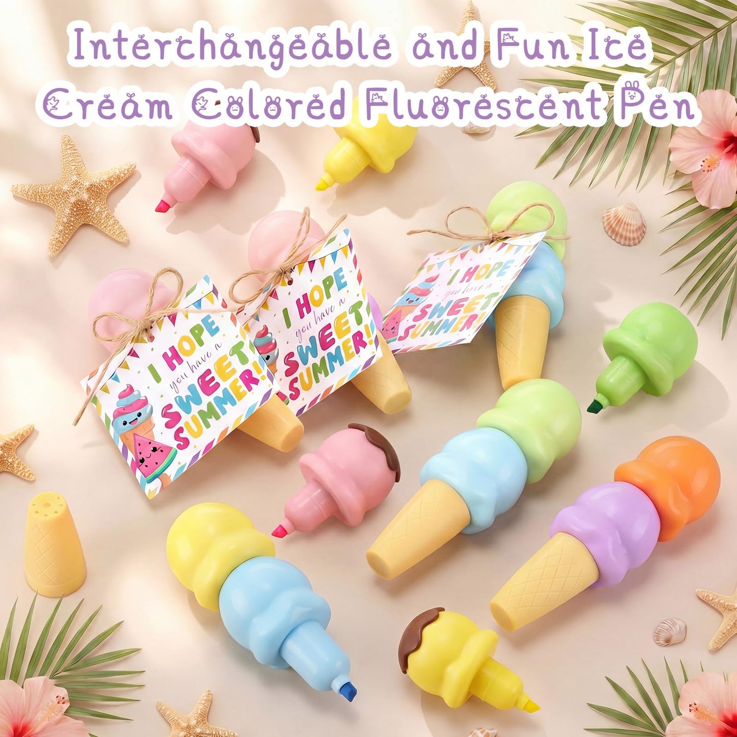Eaasty 24 Sets End of Year Gifts for Students Bulk Ice Cream Pens with Greeting Cards Summer Gifts from Teacher for Party Favor Supplies Classroom Rewards Birthday Exchange Prizes (Highlighter)