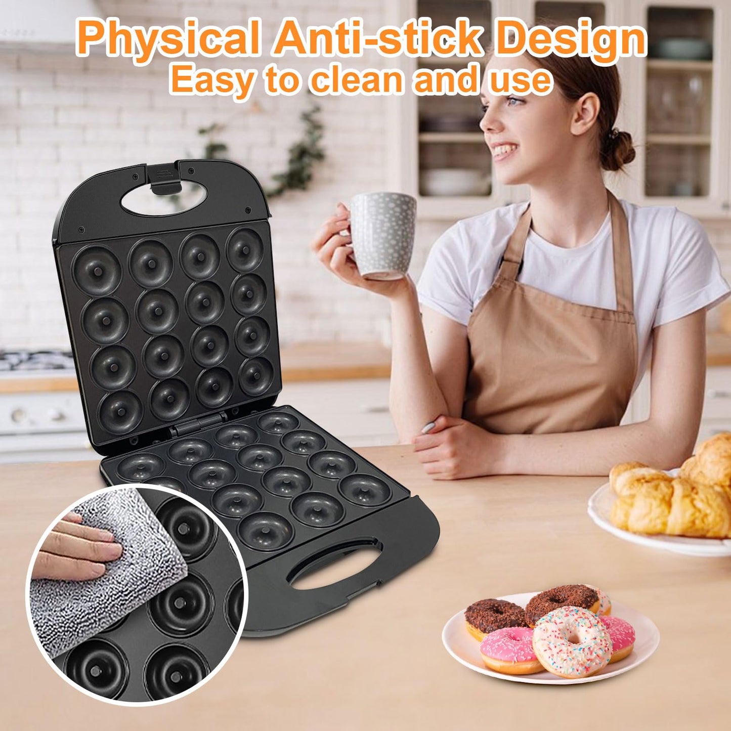 2026 Mini Donut Maker Machine for Home, Kid-Friendly 16-Hole Electric Doughnut and Pancake Maker with Non-Stick Surface, Ideal for Homemade Doughnuts (Black with Mini Oven Gloves & Brush)