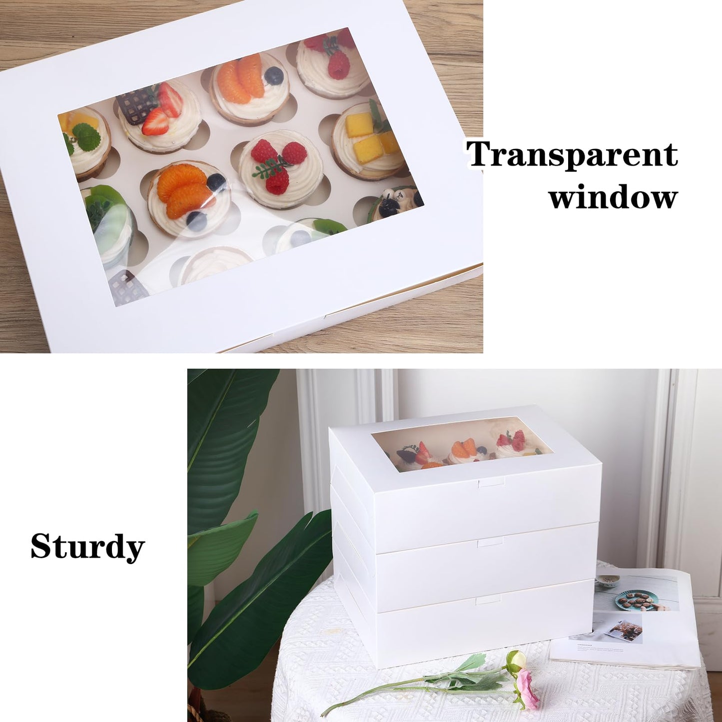 Moretoes 60PCS Cupcake Boxes with Window,Hold 12 Count Graduation Cupcake Containers for Grad Party Dessert Packaging (White)