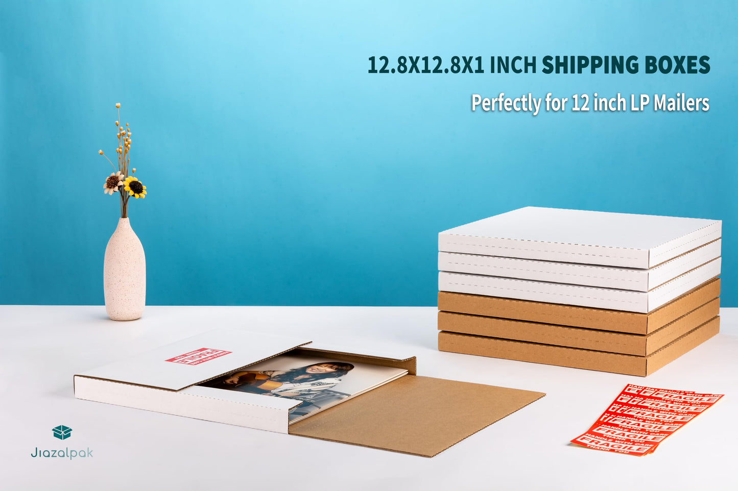 Jiazalpak White Vinyl Record Mailers 12.8x12.8x1-inch Easy-Fold Multi-Depth LP Albums Shipping Boxes with Fragile Stickers, 15 Pack