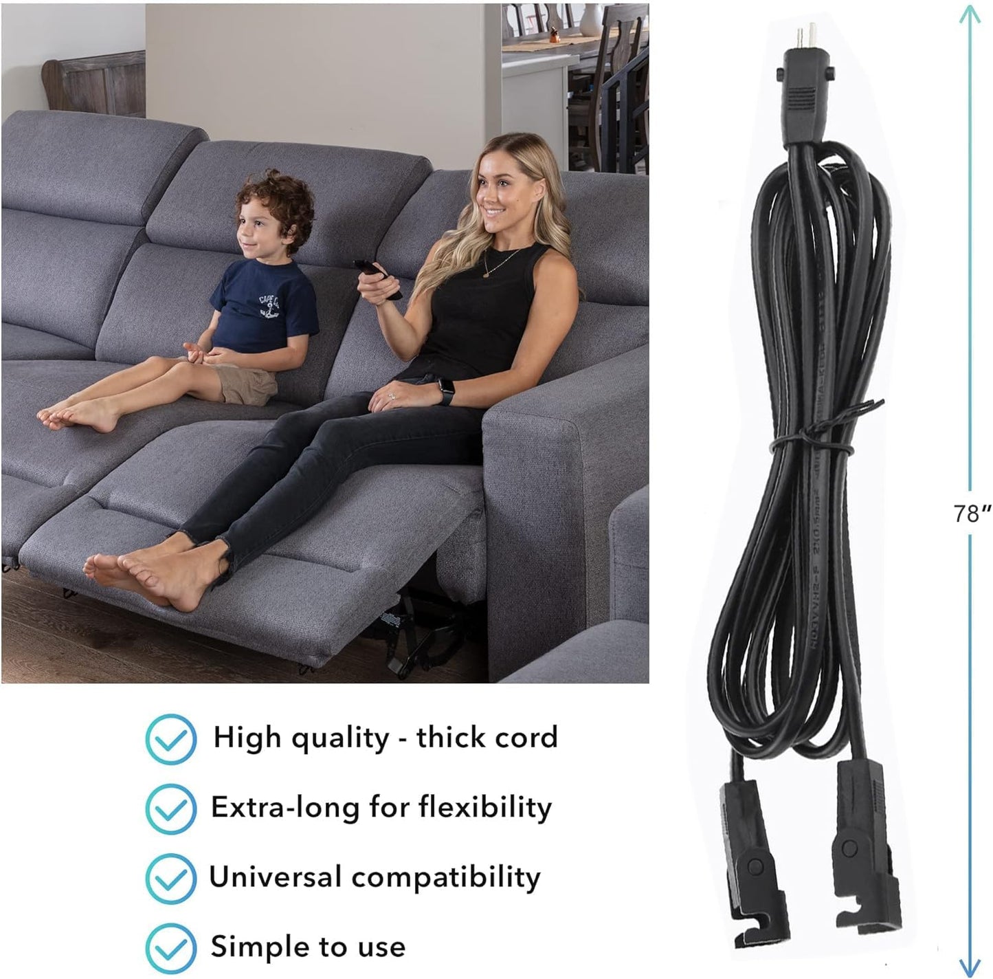 Universal Dual Motor Power Supply Transformer with AC Power Cord, L Shape DC Extension Cable and Y Splitter Cord,29V 2A Recliner Power Supply Kit-4-Piece for Recliner, Lift Chairs and Sofa