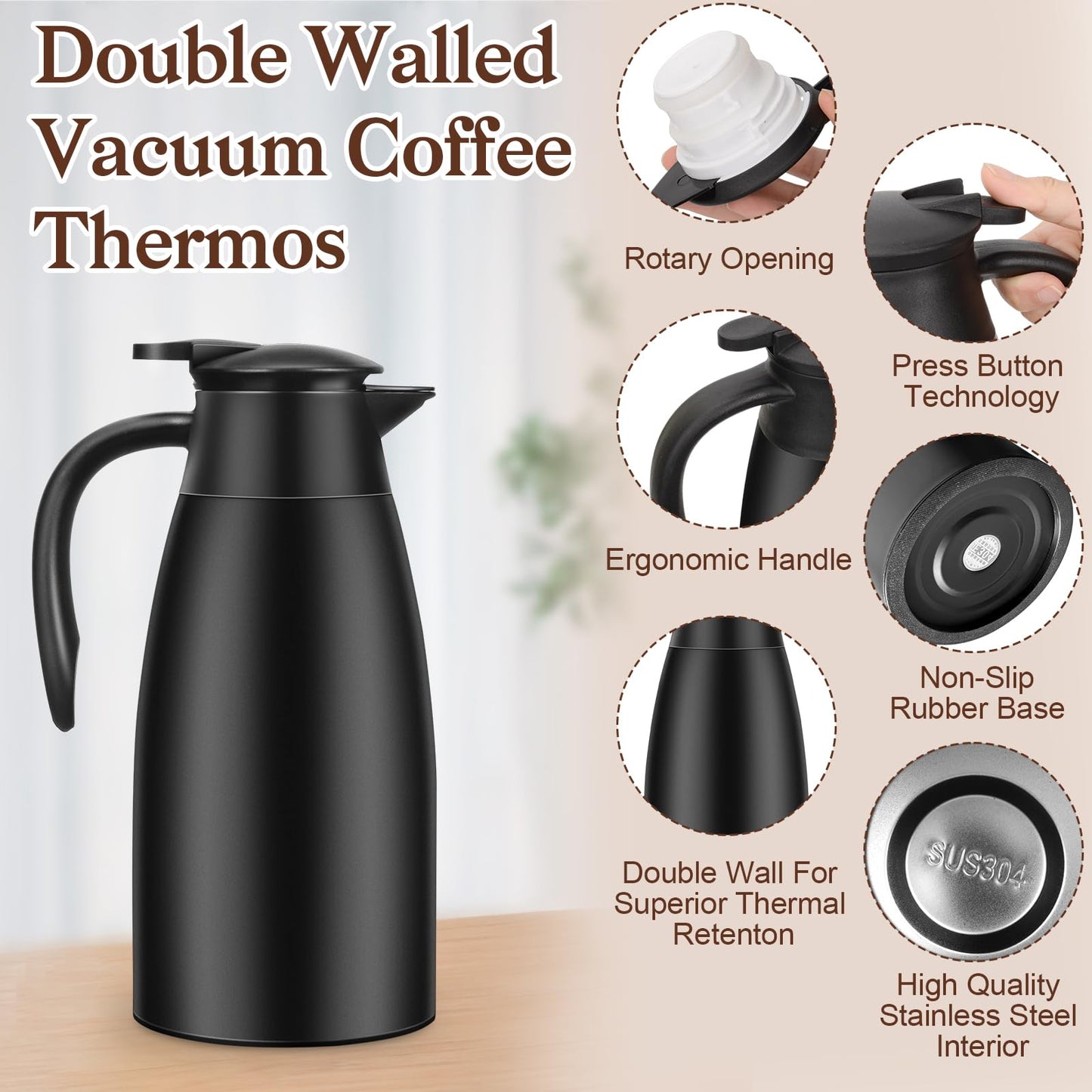 Essenya 2 PCS 68 OZ Thermal Coffee Carafe, Insulated Stainless Steel Coffee Carafe Double Walled Vacuum Thermal Pot Flask with Brushes for Keeping Hot Coffee Tea Home and Office (Black)