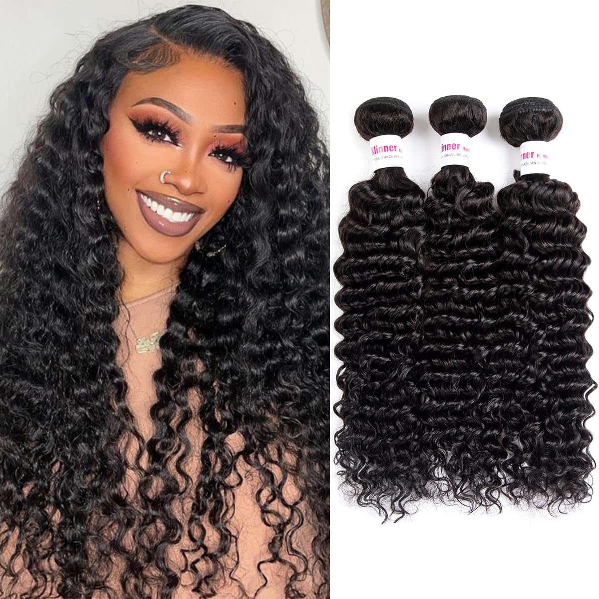 12A Deep Wave Human Hair Bundles 14 16 18 Inch Curly Bundles Human Hair 100% Unprocessed Human Hair Bundles Deep Wave Weft Extensions Weave Natural Black (300g)