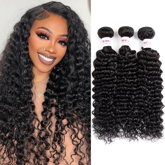 12A Deep Wave Human Hair Bundles 14 16 18 Inch Curly Bundles Human Hair 100% Unprocessed Human Hair Bundles Deep Wave Weft Extensions Weave Natural Black (300g)