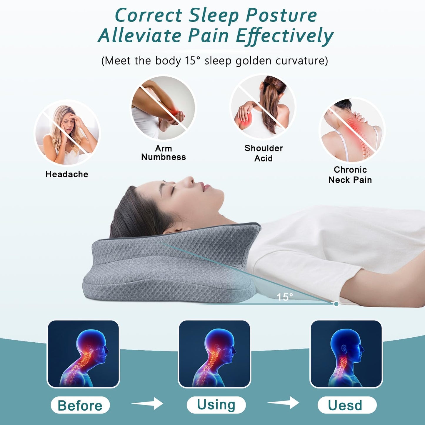 CHxxy Cervical Pillow for Neck Pain Relief, Memory Foam Pillows, Ergonomic Contour Bed Pillow, Soft for Side Sleep Stomach Sleeping and Back Sleepers-Queen Size Grey&Grey