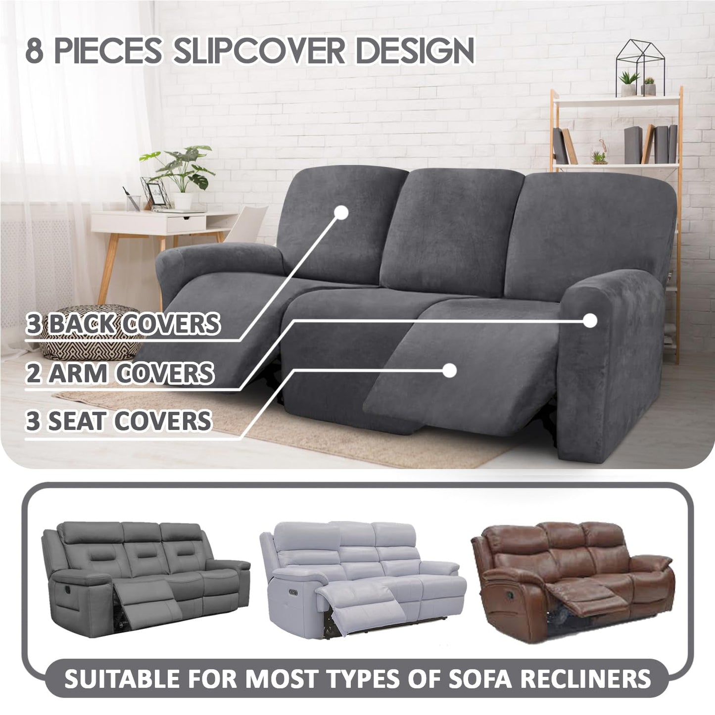 ULTICOR Velvet 8-Pieces Recliner Sofa Covers Stretch Reclining Couch Covers for 3 Cushion Reclining Sofa Slipcovers Furniture Covers Thick Soft Washable (3 Seater Recliner Cover, Dark Gray)