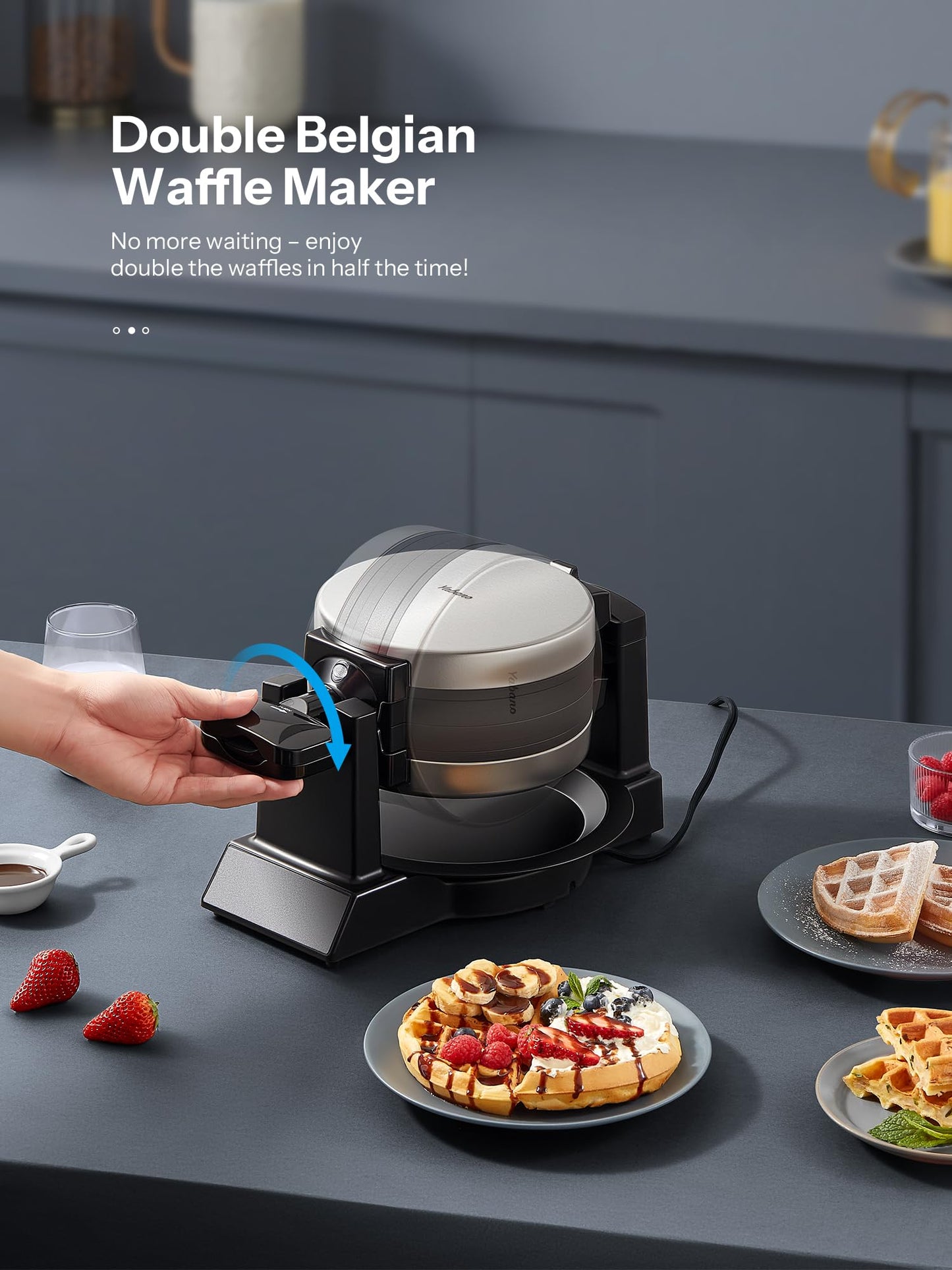 Yabano Belgian Waffle Maker - Professional Rotating Waffle Iron with Double Flip Technology, Nonstick Plates, Removable Drip Tray & Cool-Touch Handles