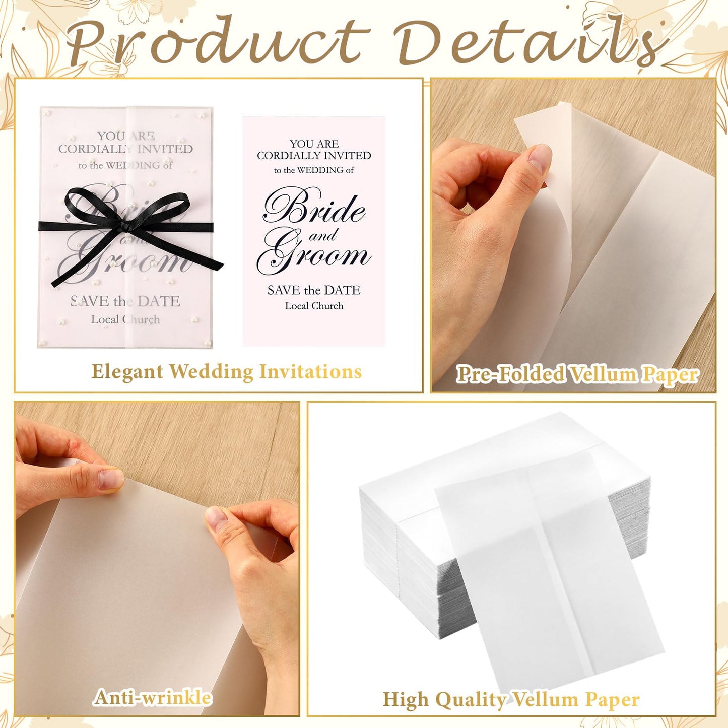Faccito 100 Pcs Pre Folded Vellum Jackets for 5x7 Invitations Wedding Invitation Vellum Paper, Pearls Stickers, Ribbon, Tweezers, Envelope Tissue Paper Inserts for Wedding Birthday DIY Craft (Simple)