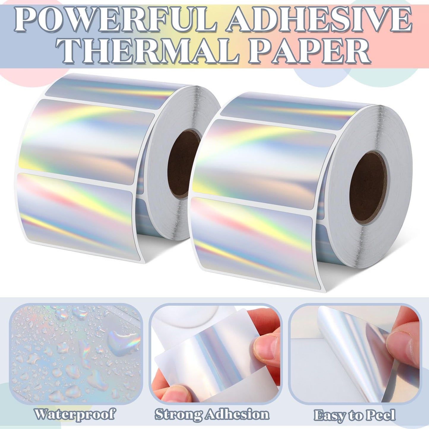 Kosiz 1000 Labels/ 2 Rolls Holographic Thermal Sticker Labels Self Adhesive Printable Thermal Rainbow Stickers for DIY Logo Design Qr Code Name Tag(Holographic Rectangular Style,3" X 2")