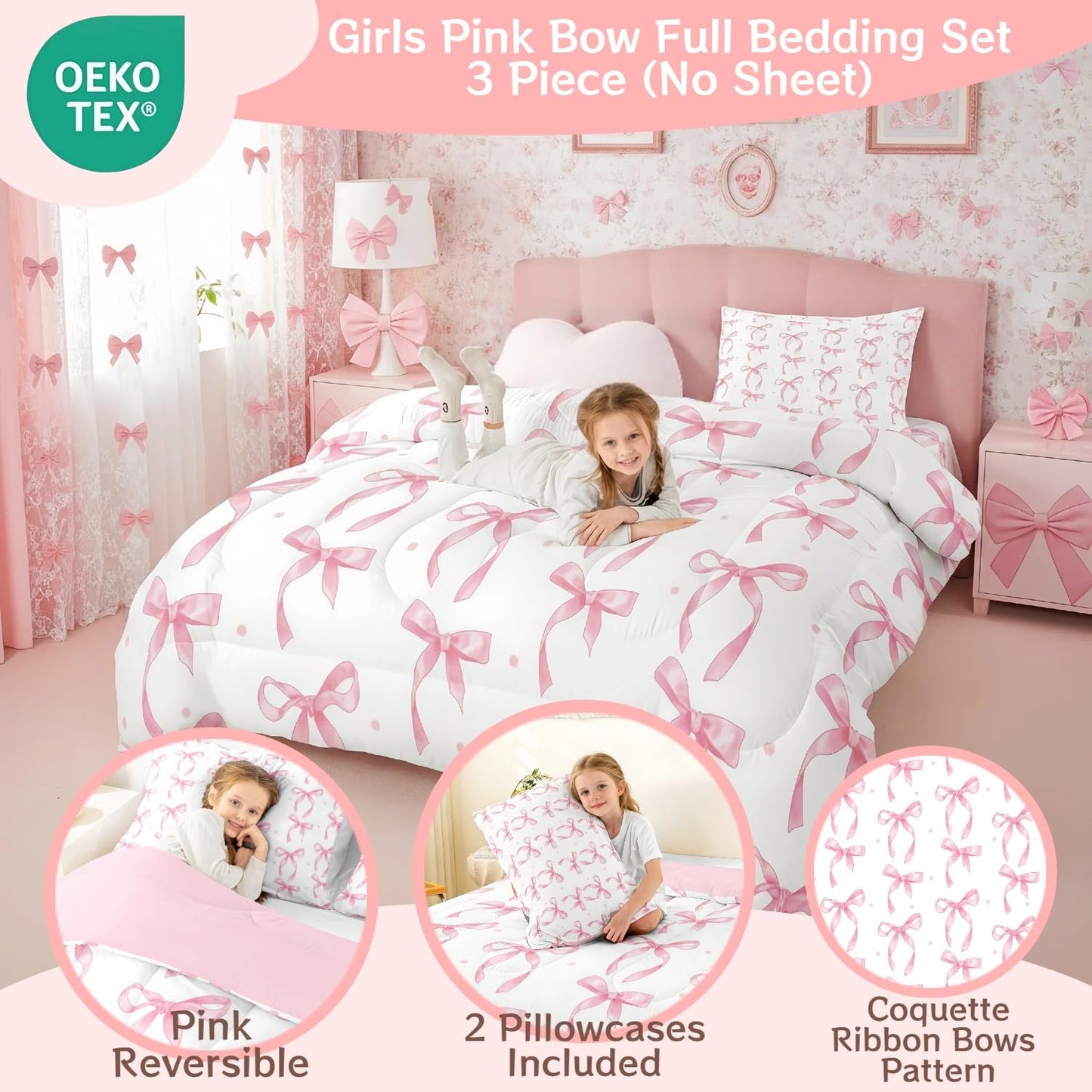 Erosebridal Girls Pink Bow Full Comforter Set,Bowknot Princess Bedding Set for Kids Girls Room Decor,Cute Pink Bows Quilt Set Aesthetic Ribbon Bow Tie Bed Comforter Sets,2 Pillowcases