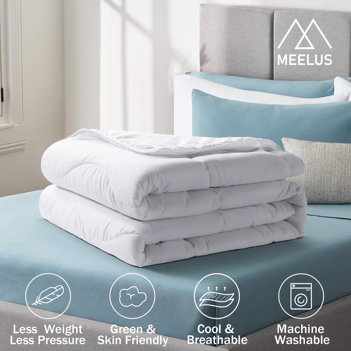 MEELUS Lightweight Comforter Cooling White, All Season Duvet Insert Breathable Queen Size Summer Bedding, Soft Microfiber Cool Down Alternative Quilt with Corner Tabs, 88x88 inch