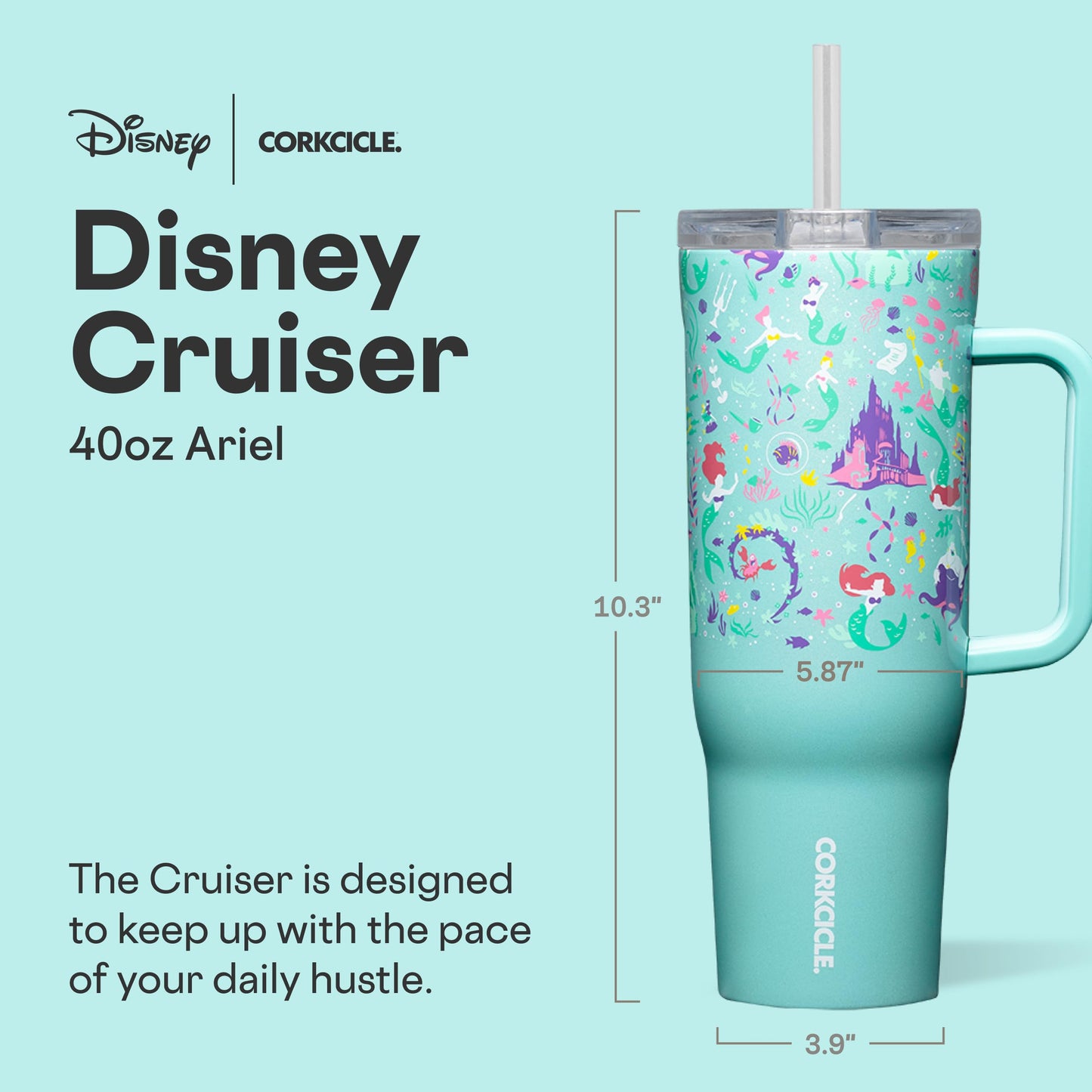 Corkcicle Cruiser Insulated Tumbler with Handle & Straw - Keeps Drinks Ice Cold - Triple-Insulated - Leakproof Travel Mug - BPA-Free - Summer Drinkware Gift - 40 oz, Princess Ariel
