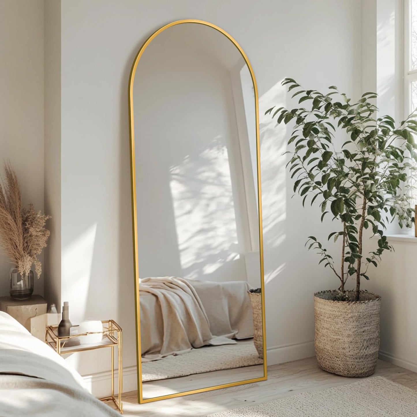 Coomily Full Length Mirror with Stand, 56"x15" Arched Full Body Mirror, Large Stand Up Aluminum Frame Floor Freestanding Hanging Leaning Mounted for Bedroom Living Room Entryway Gold