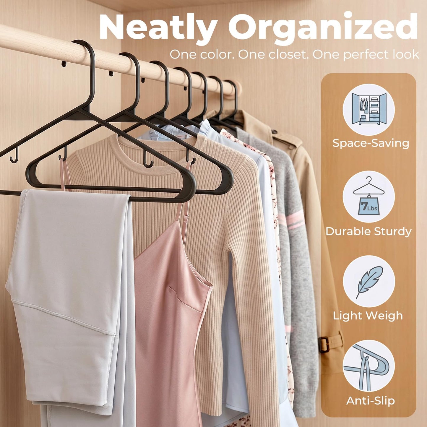 HOUSE DAY Black Plastic Hangers 60 Pack, Clothes Hangers with Non Slip Hooks, Durable & Space Saving Coat Hanger, Light-Weight Clothing Hanger, Perfect Closet Organizer for Everyday Use