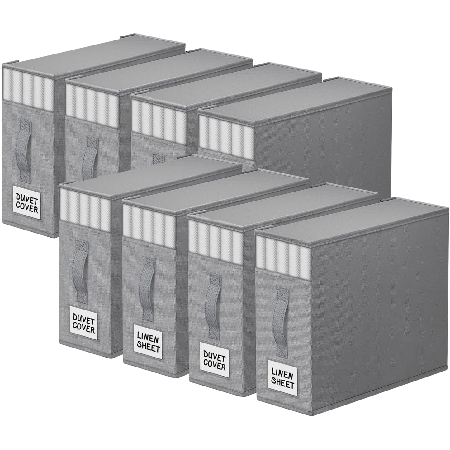 StorageTastic 8 Pack Bed Sheet Closet Organizers and Storage,Sturdy Foldable Storage Containers with Window and Label,Storage and Organization for Bedding Sheets,Duvet Covers,Blankets (Grey)